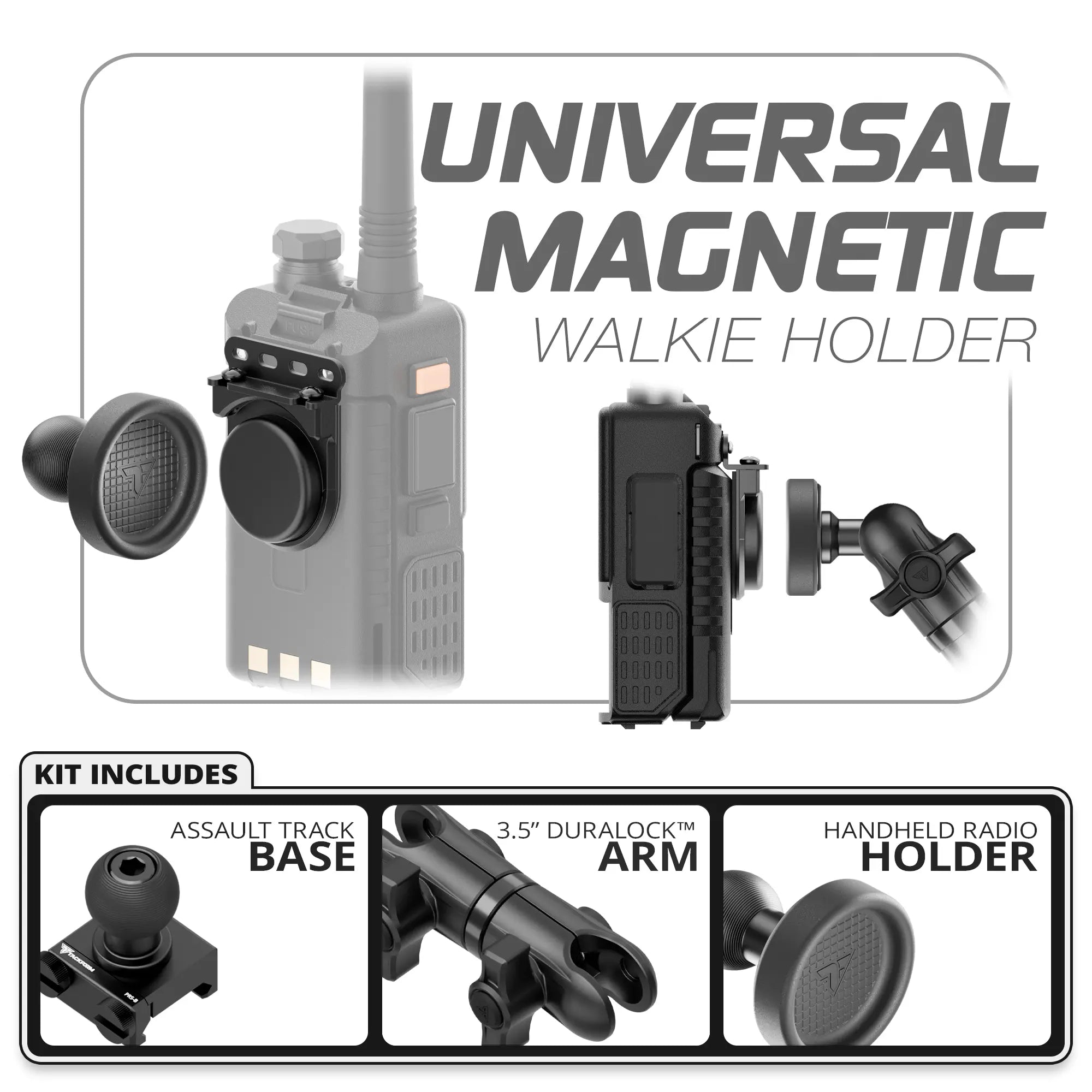 Universal Magnetic Handheld Radio Holder | Assault Track Picatinny Base | 3.5" DuraLock Arm