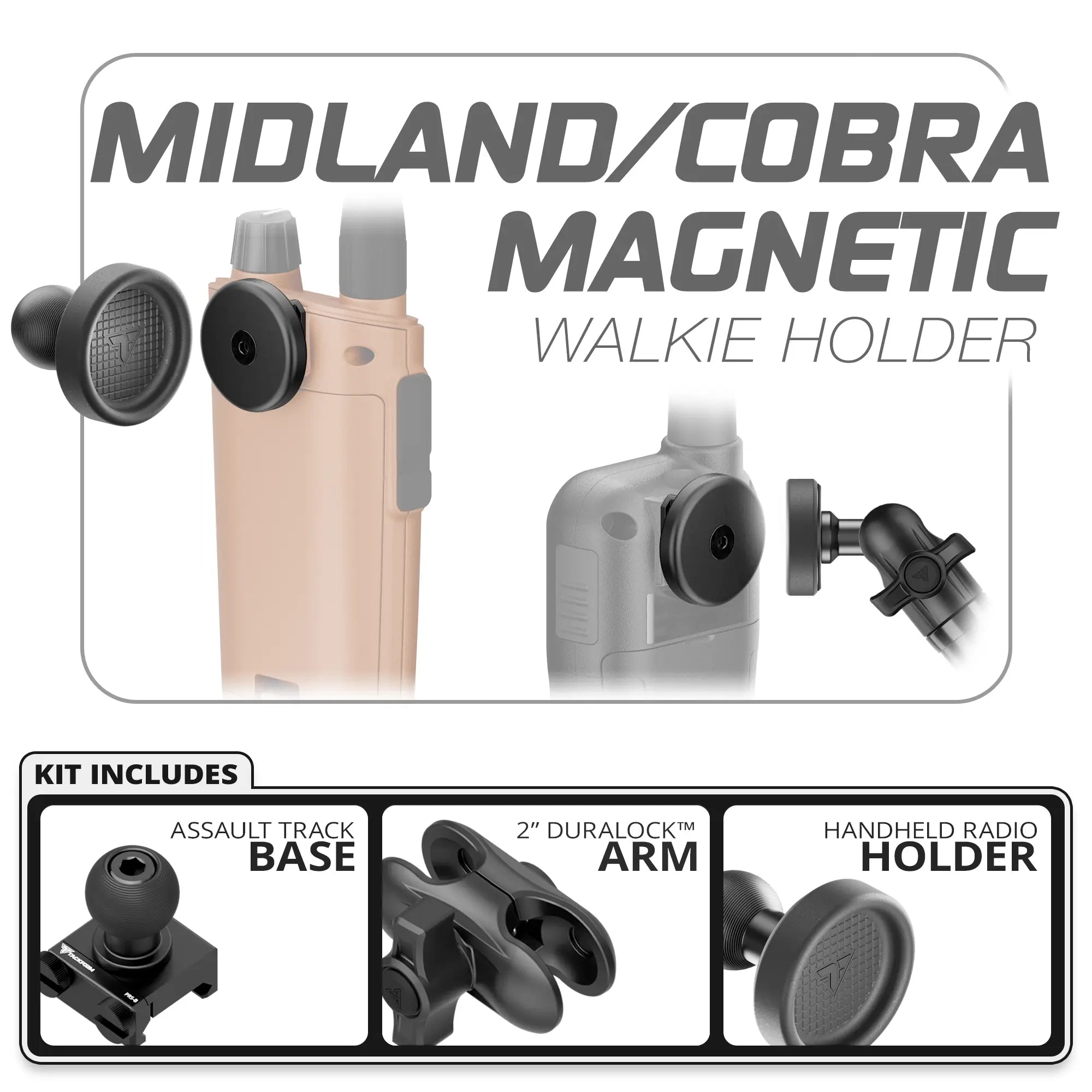Midland & Cobra Magnetic Handheld Radio Holder | Assault Track Picatinny Base | 2" DuraLock Arm