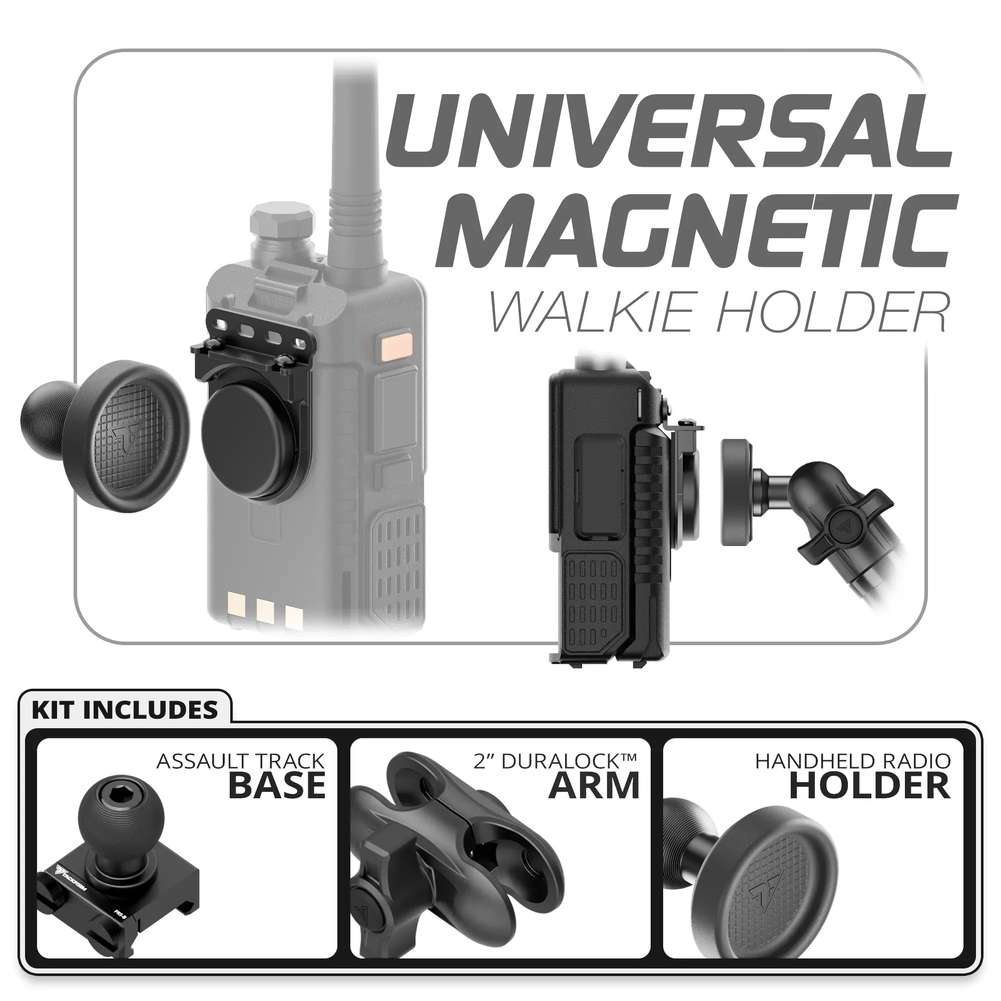 Universal Magnetic Handheld Radio Holder | Assault Track Picatinny Base | 2" DuraLock Arm