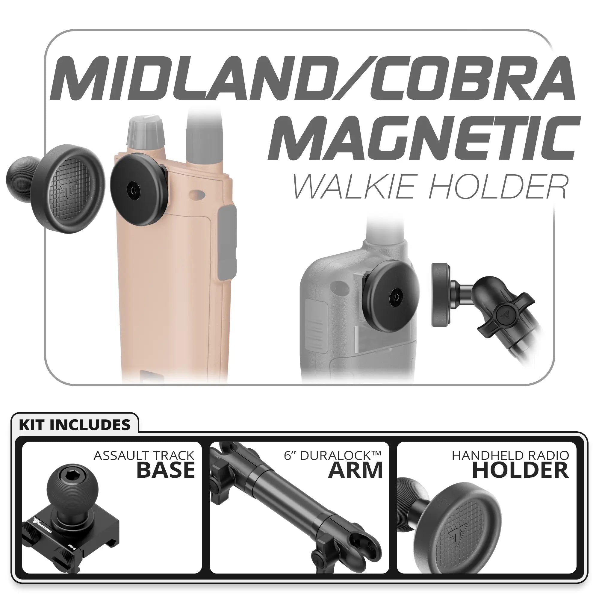 Midland & Cobra Magnetic Handheld Radio Holder | Assault Track Picatinny Base | 6" DuraLock Arm