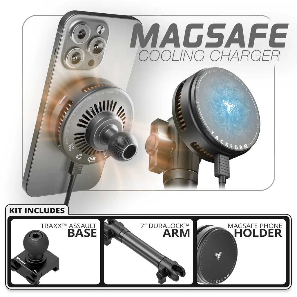 MagSafe Charging & Cooling Phone Holder | TRAXX™ - Assault Track Picatinny Base | 7" DuraLock Arm
