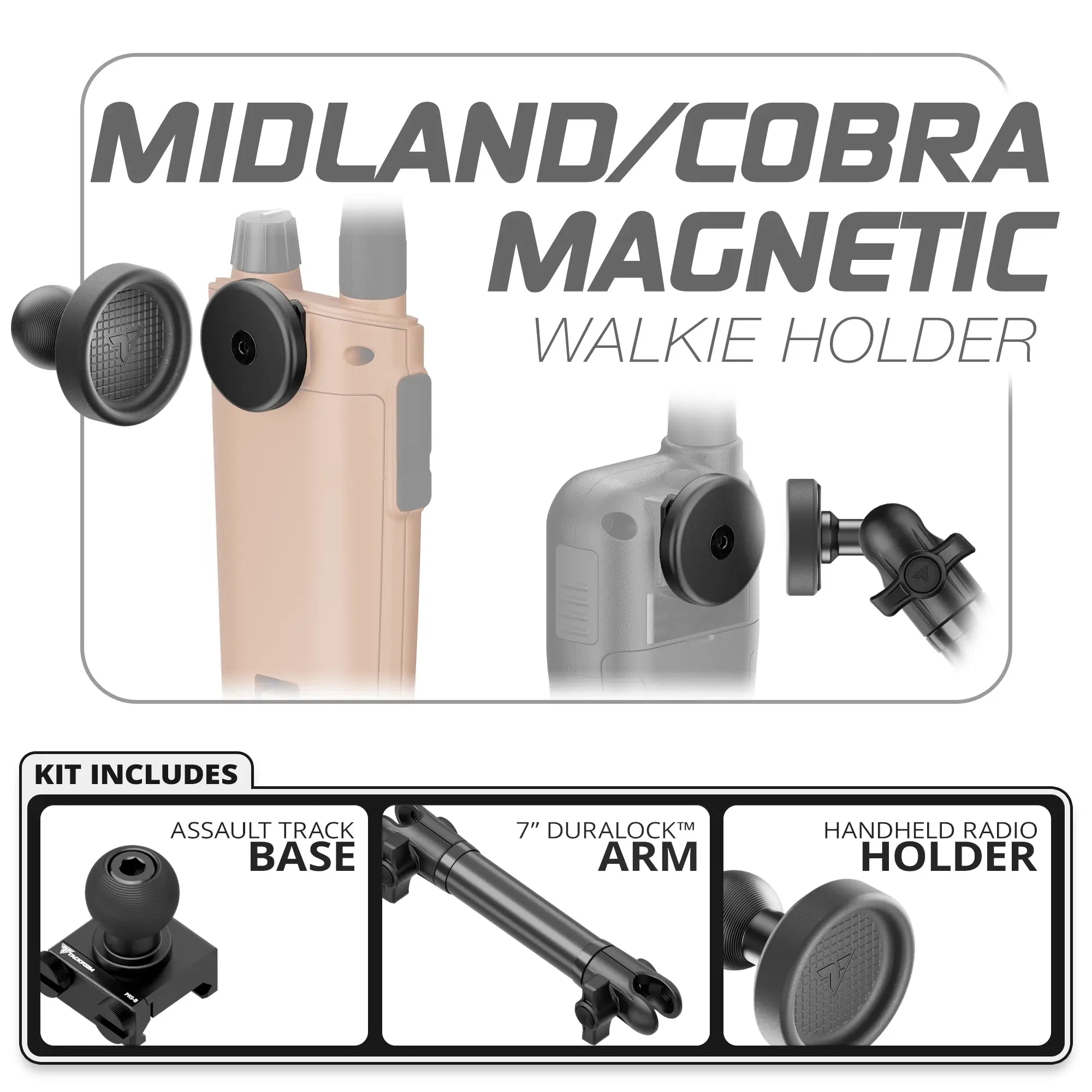 Midland & Cobra Magnetic Handheld Radio Holder | Assault Track Picatinny Base | 7" DuraLock Arm
