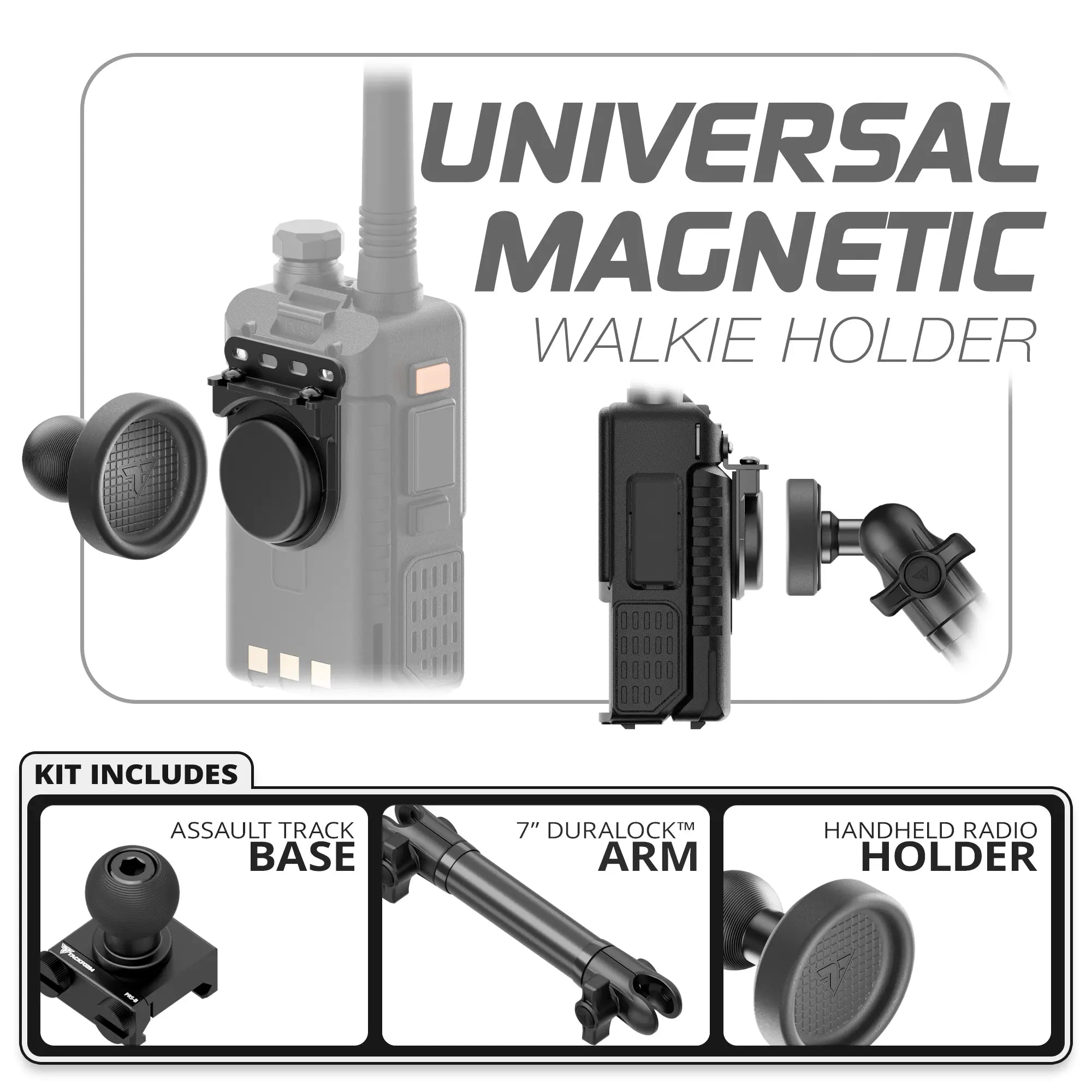 Universal Magnetic Handheld Radio Holder | Assault Track Picatinny Base | 7" DuraLock Arm