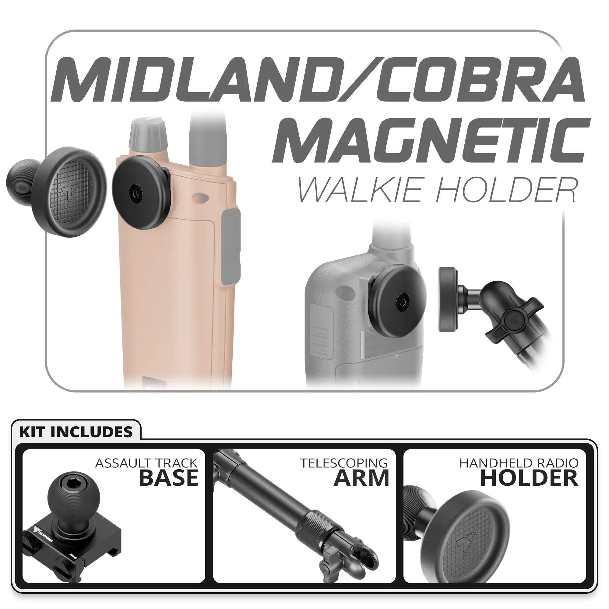 Midland & Cobra Magnetic Handheld Radio Holder | Assault Track Base | 7.5" - 9.25" Telescoping Arm