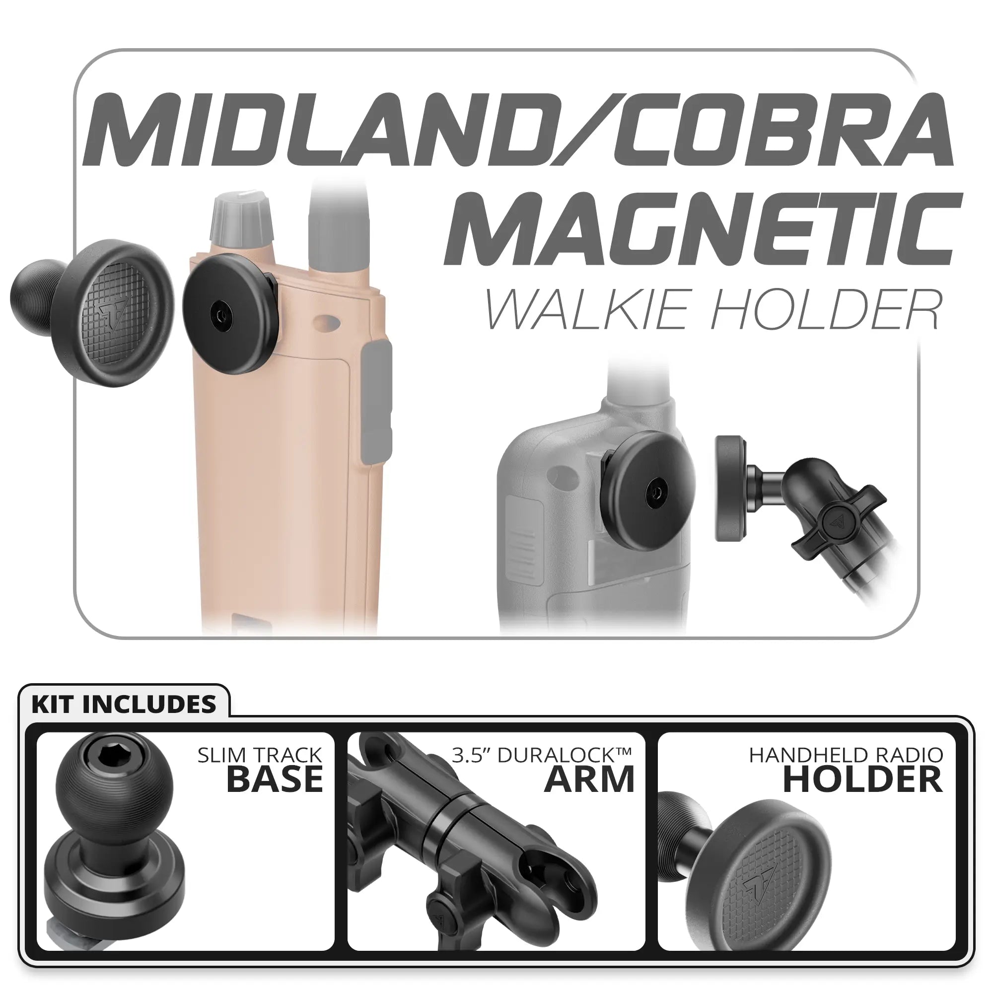 Midland & Cobra Magnetic Handheld Radio Holder | Slim Track Base | 3.5" DuraLock Arm