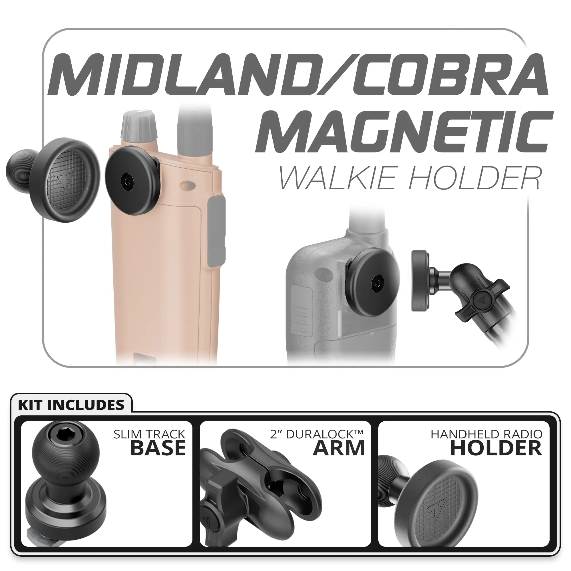 Midland & Cobra Magnetic Handheld Radio Holder | Slim Track Base | 2" DuraLock Arm