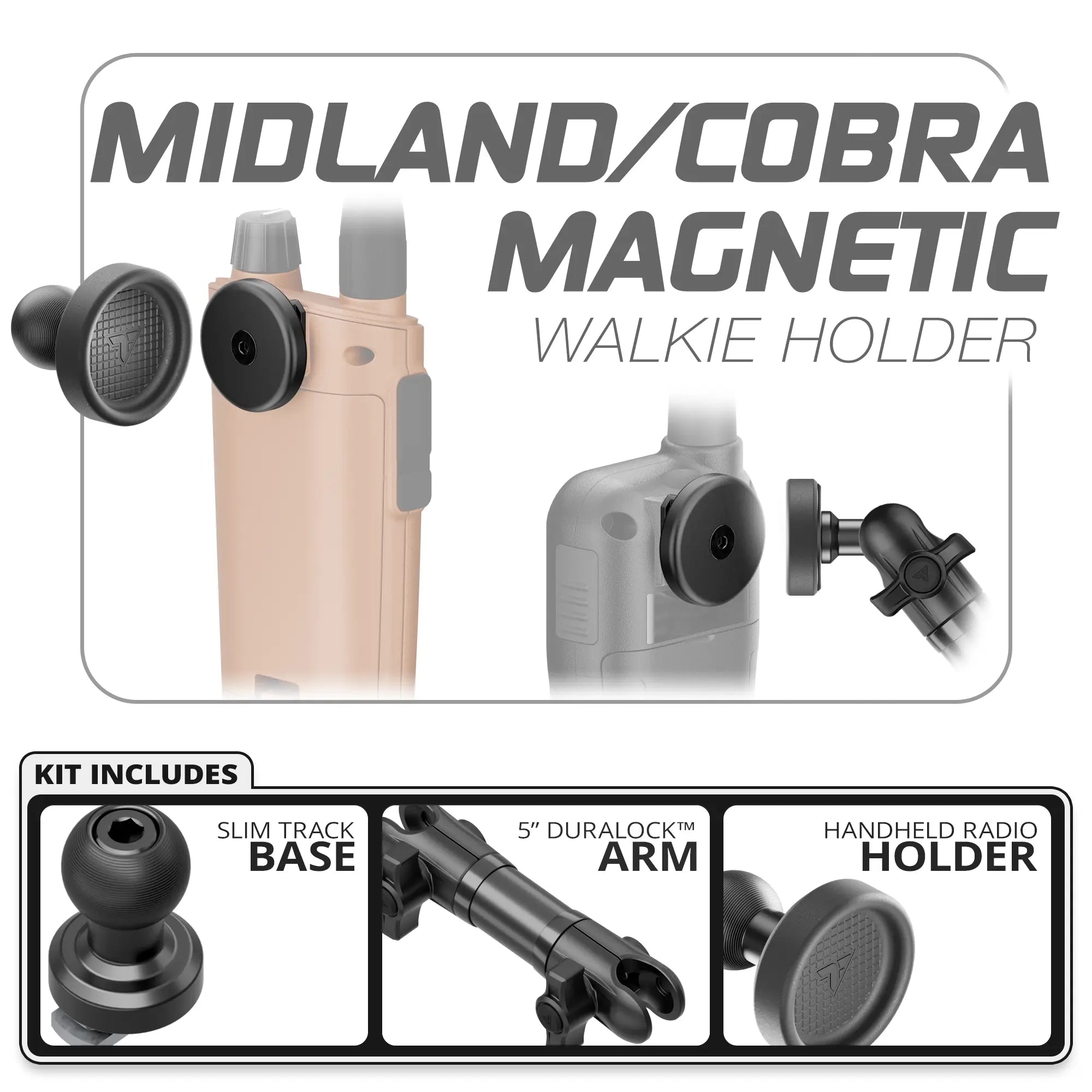 Midland & Cobra Magnetic Handheld Radio Holder | Slim Track Base | 5" DuraLock Arm