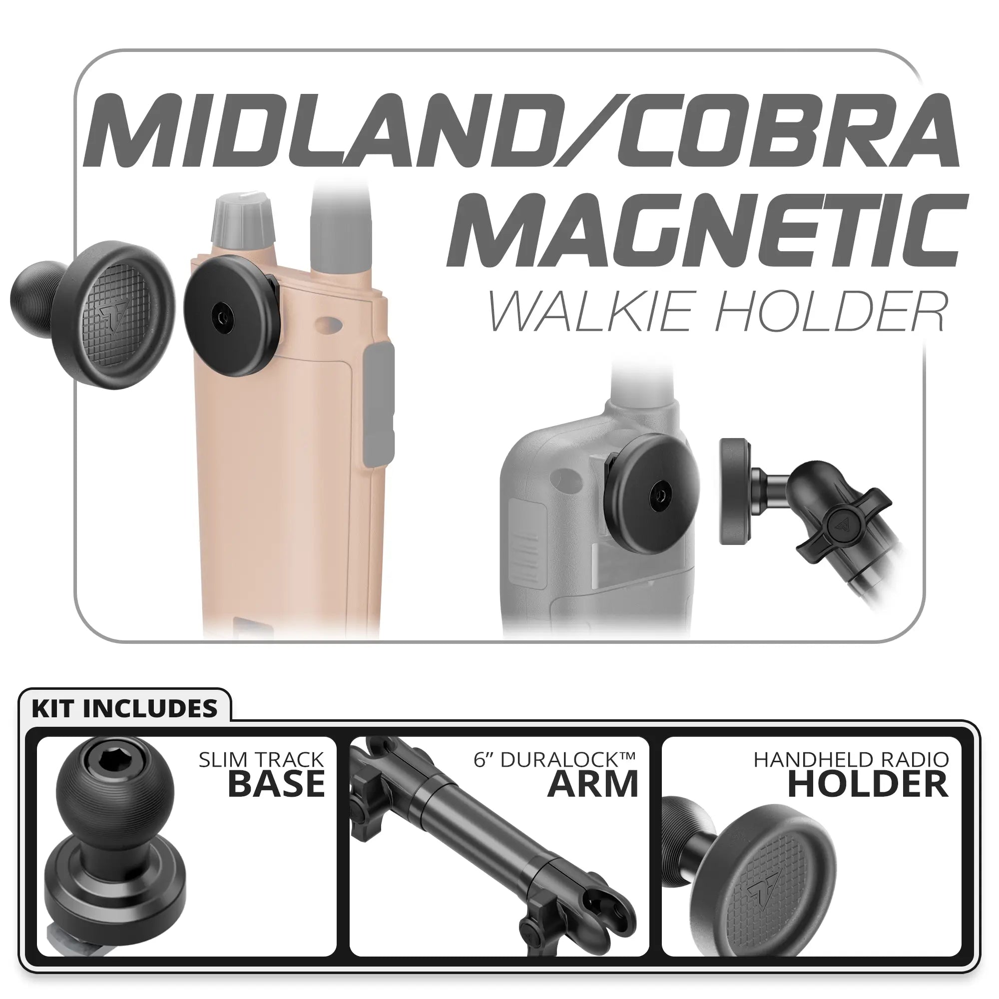 Midland & Cobra Magnetic Handheld Radio Holder | Slim Track Base | 6" DuraLock Arm