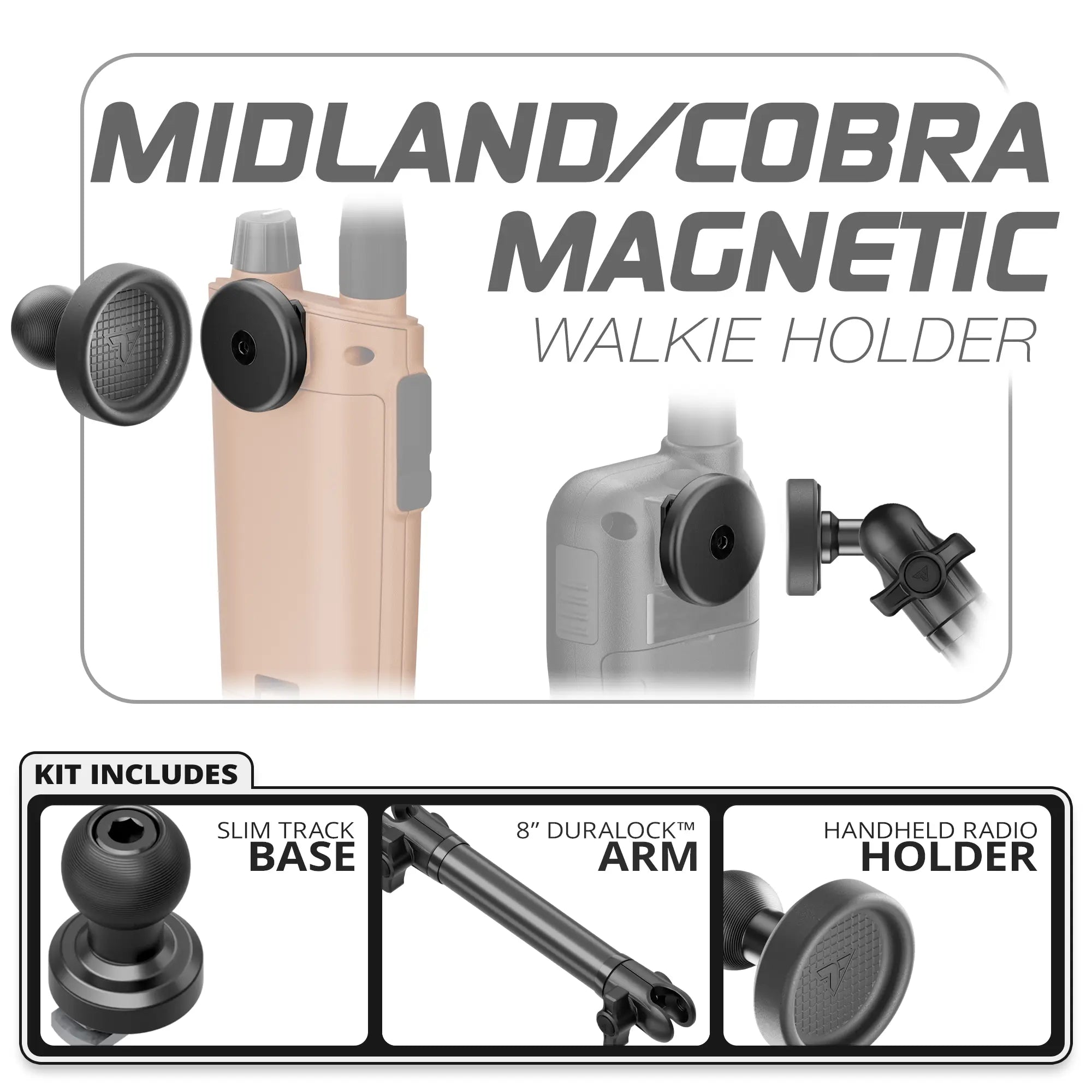 Midland & Cobra Magnetic Handheld Radio Holder | Slim Track Base | 8" DuraLock Arm