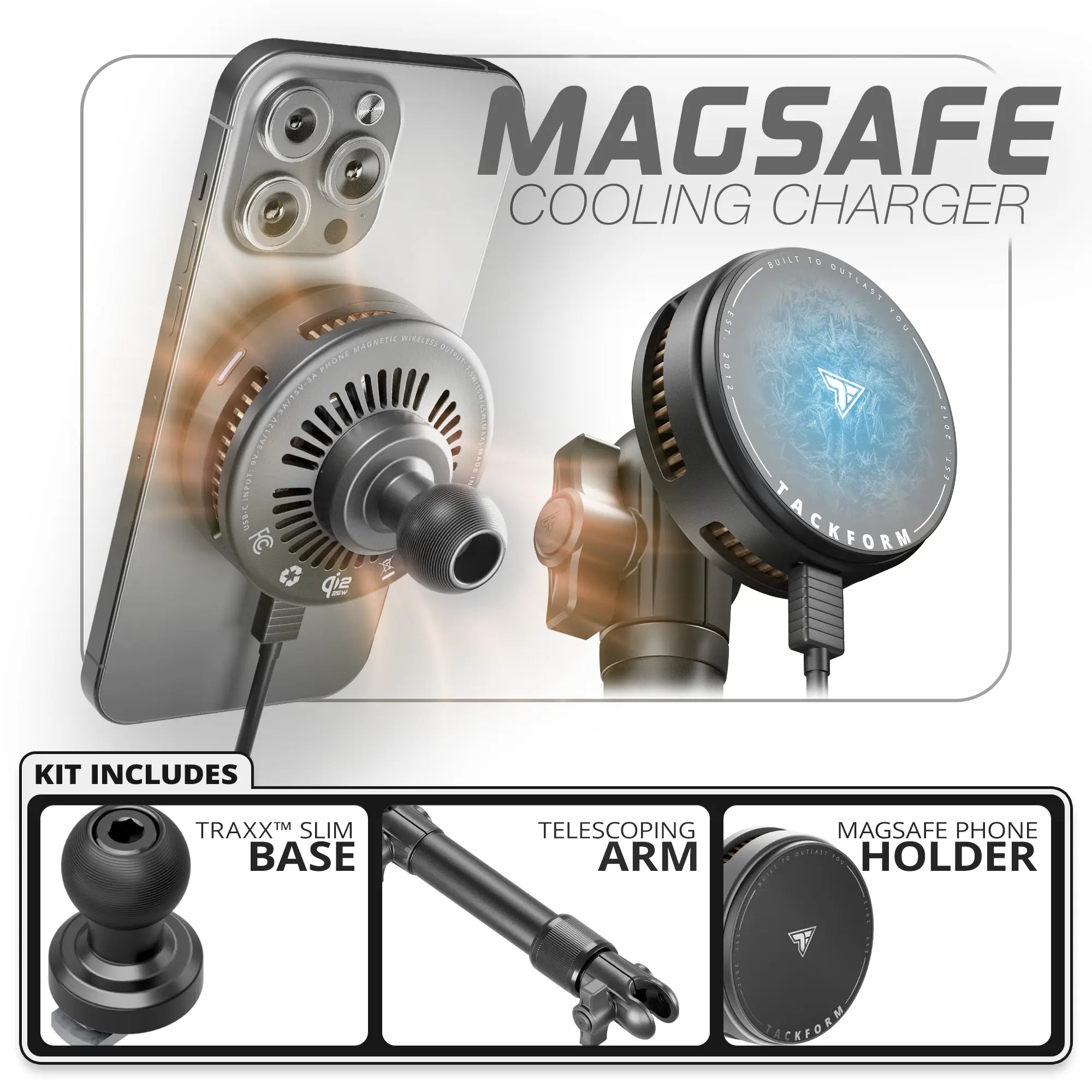 Qi2.2/MagSafe Charging & Cooling Phone Holder | TRAXX™ - Slim Track Base | 7.5"-9.25" Telescoping Arm