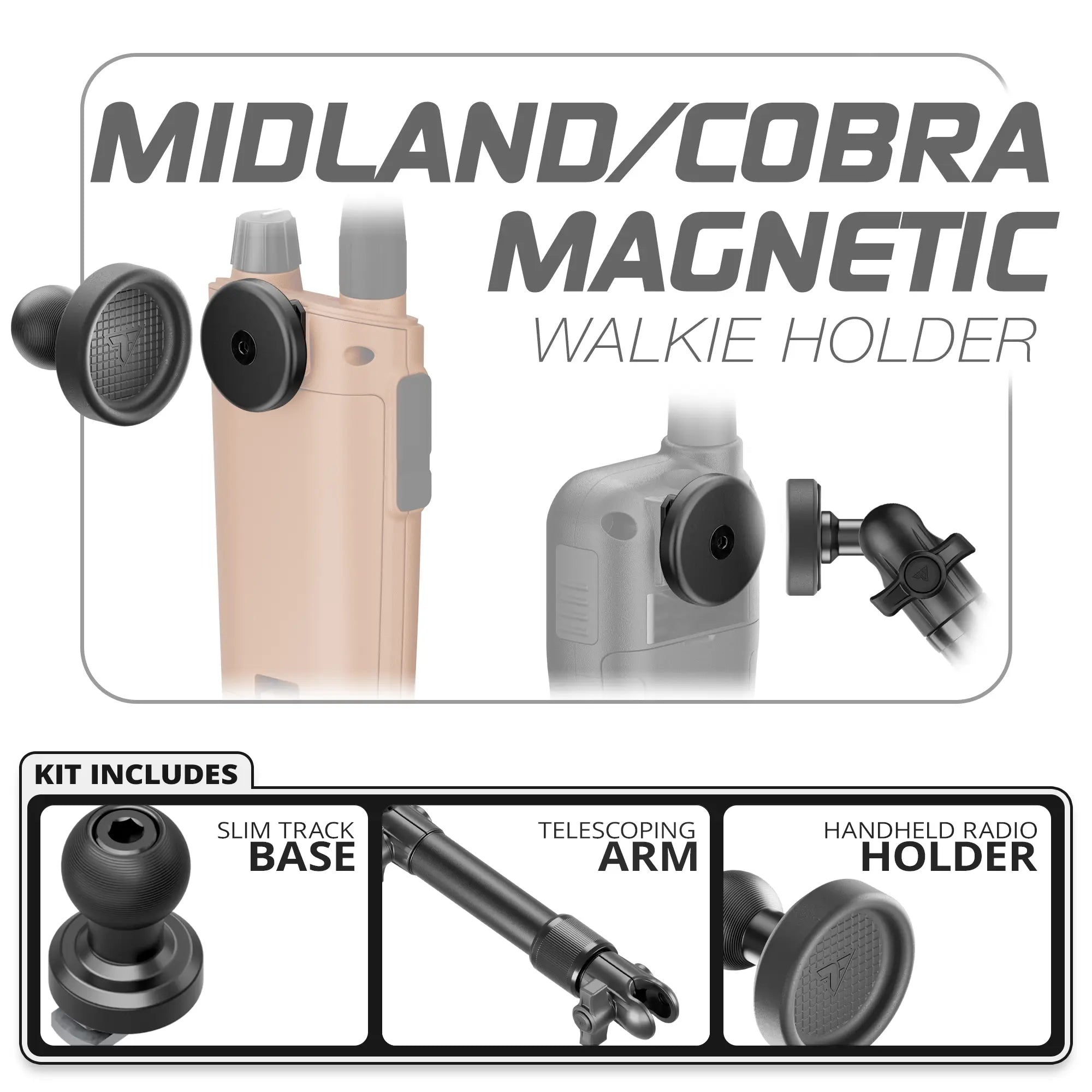 Midland & Cobra Magnetic Handheld Radio Holder | Slim Track Base | 7.5" - 9.25" Telescoping Arm