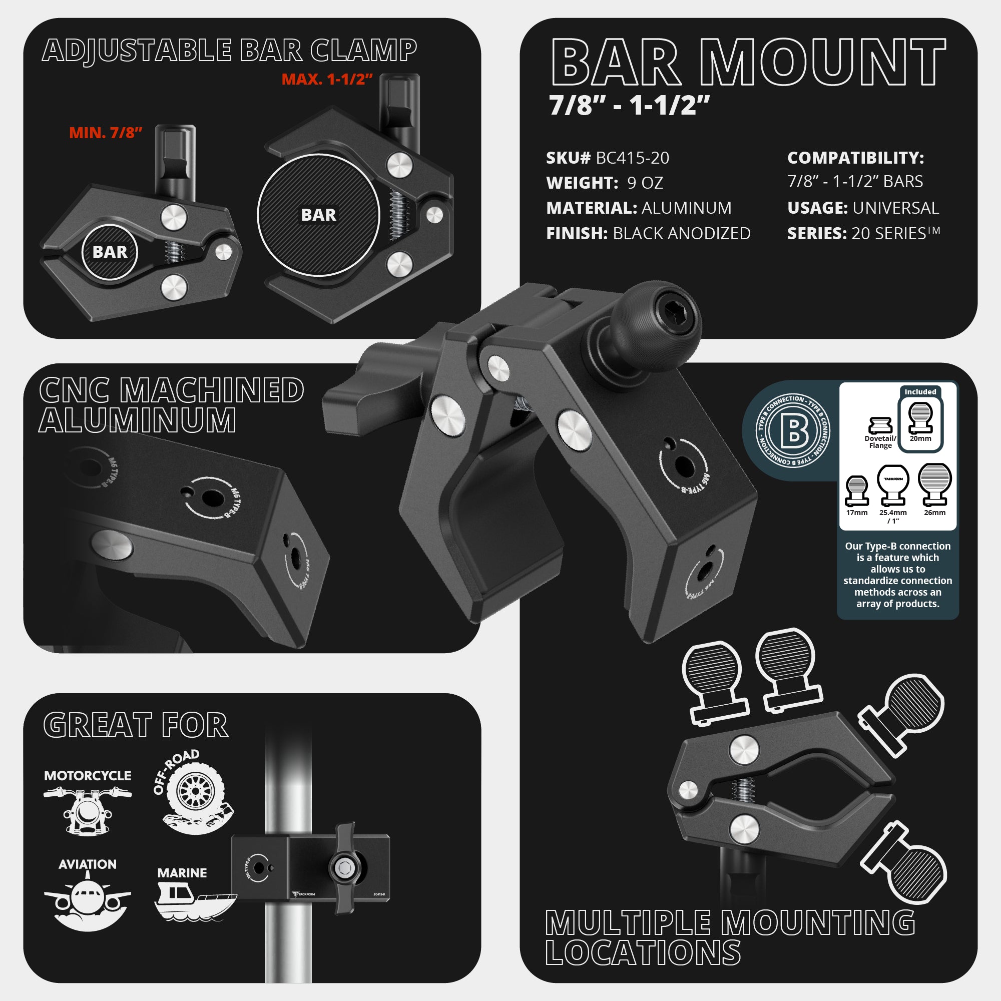 Multi-Mount Adjustable Bar Clamp | 7/8