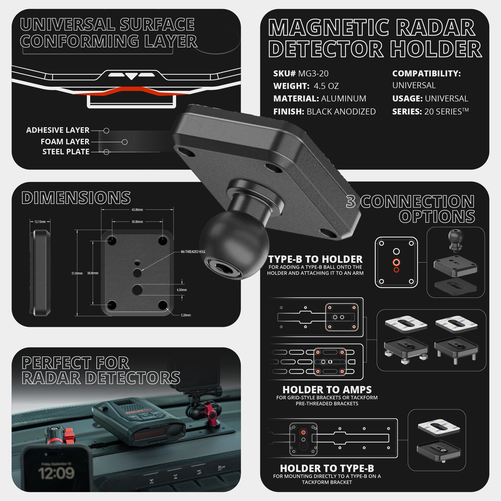 Magnetic Radar Detector Mount - Strong N52 Magnet Dashboard Holder For Escort, Uniden & More
