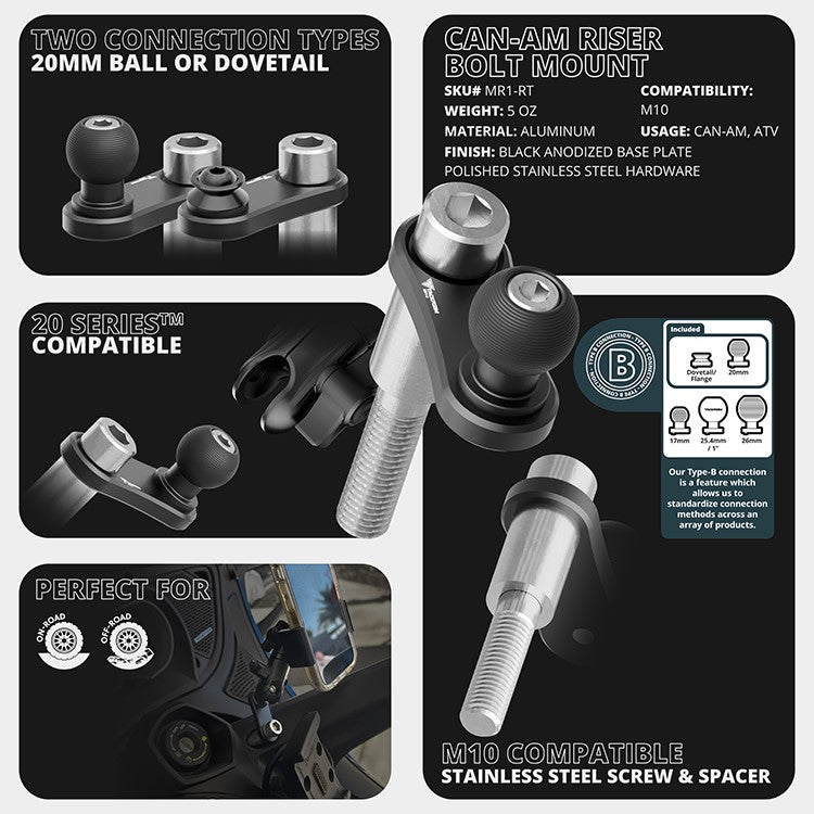 Black Can-Am Phone Cradle | Spyder Center Riser Mount - M10 Bolt | Short Reach Arm