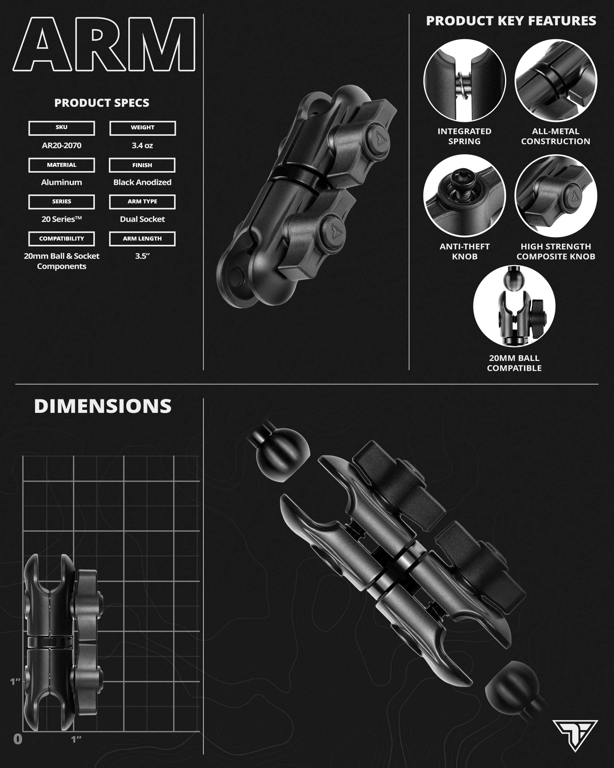 Slim Track™ Base Mount | 4 Prong TPMS and Monitor Holder | 3.5" DuraLock Arm