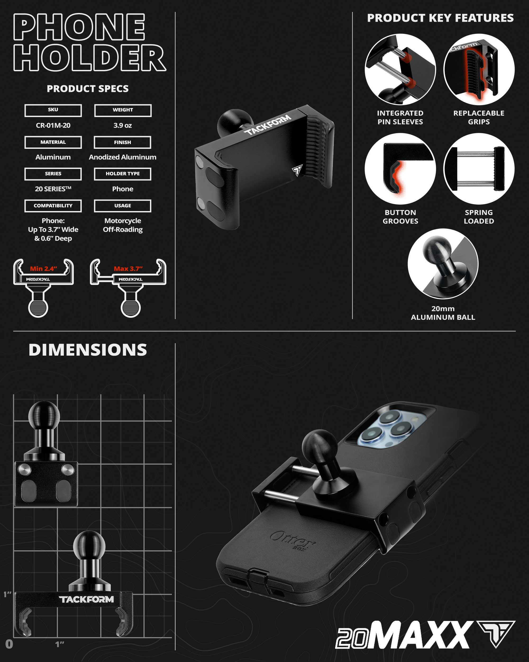 Black Motorcycle Phone Cradle | Mirror Mount - Through Hole for M10 or 3/8" Bolt | Short Reach Arm