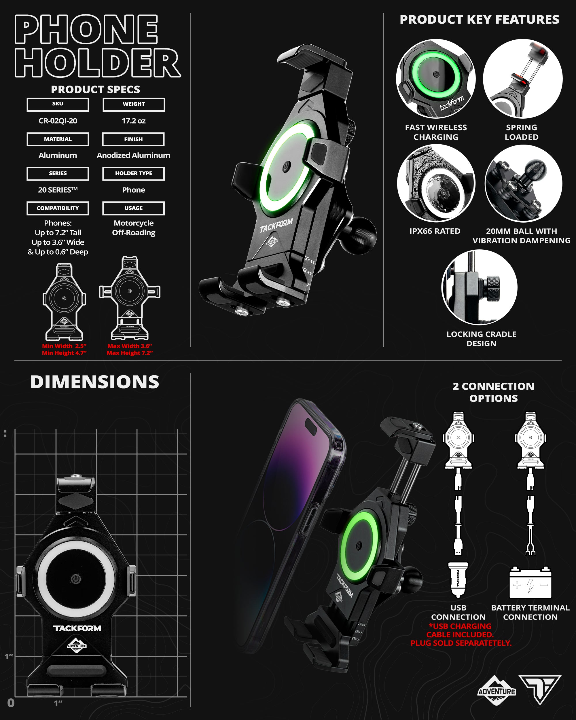 20 Series Motorcycle Phone Mount with Vibration Dampening and Wireless Charging Adventure Cradle