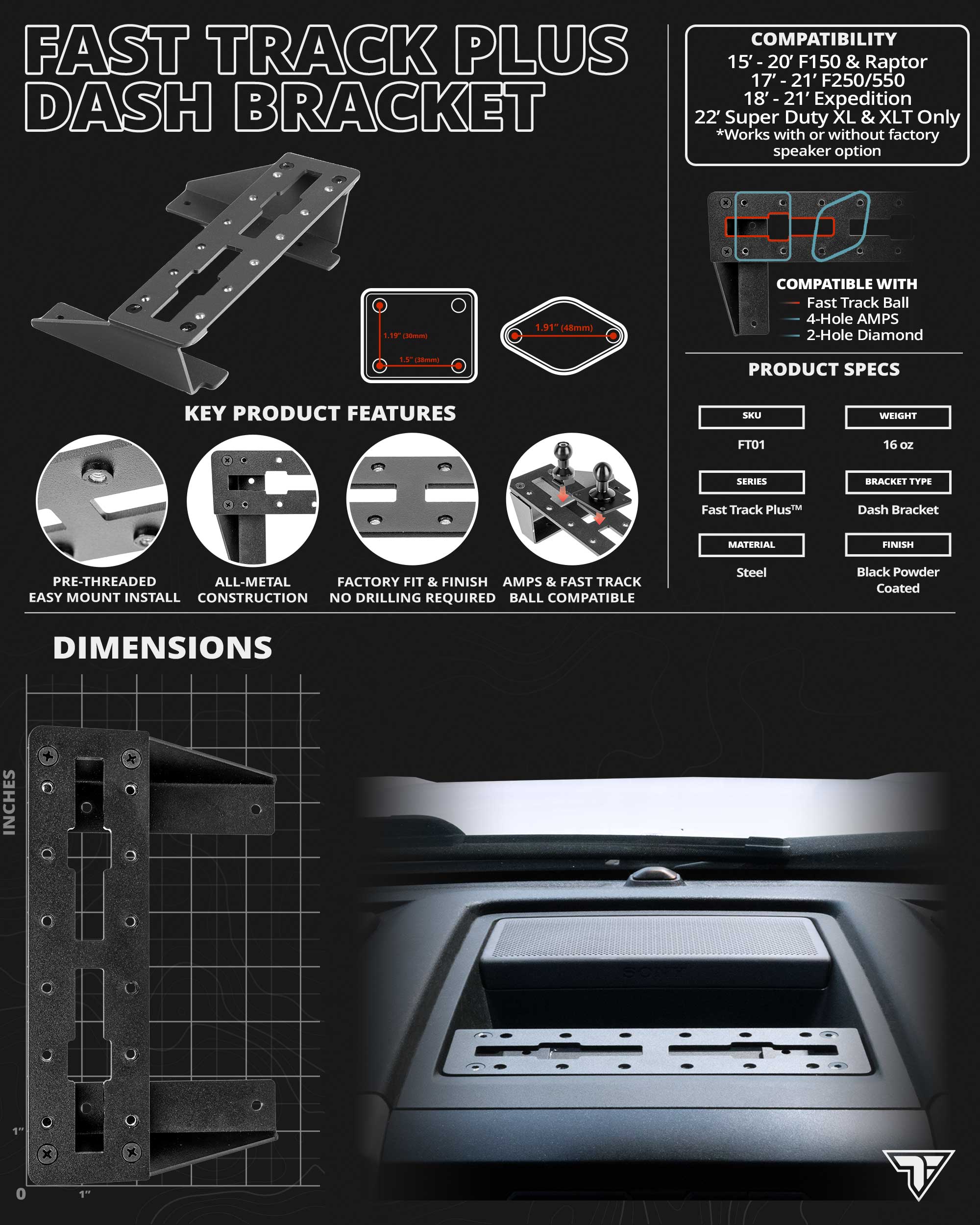 FT01-20L FAST TRACK PLUS™ SPRING LOAD PHONE MOUNT AND DASHBRACKET | 2015-2020 FORD F150 & RAPTOR | 2017-2021 F-250 -550 | 2018-2021 EXPEDITION