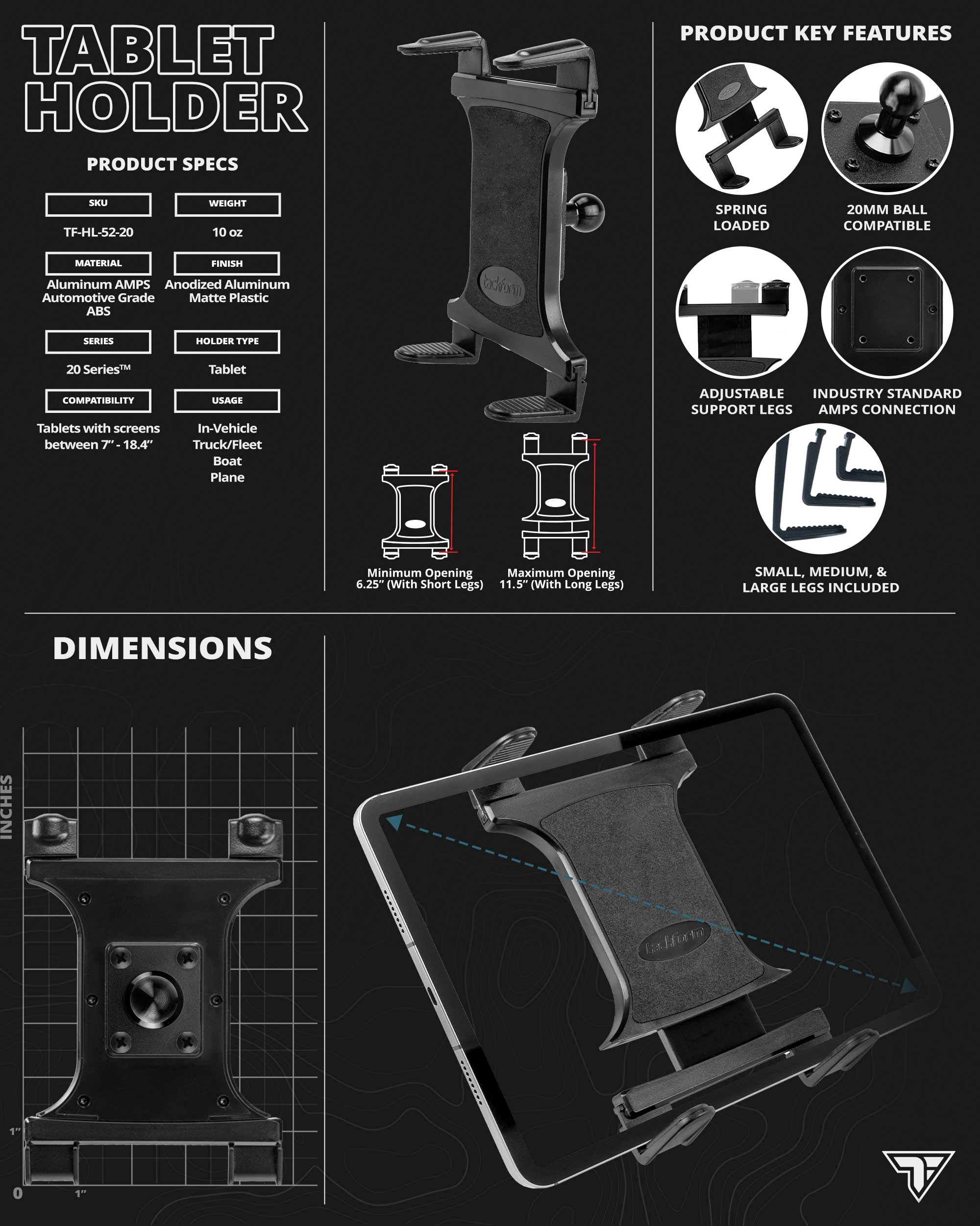 Heavy Duty Seat Rail/Floor Bolt Mount | 20"-24" Aluminum Telescoping Arm | Tablet Holder