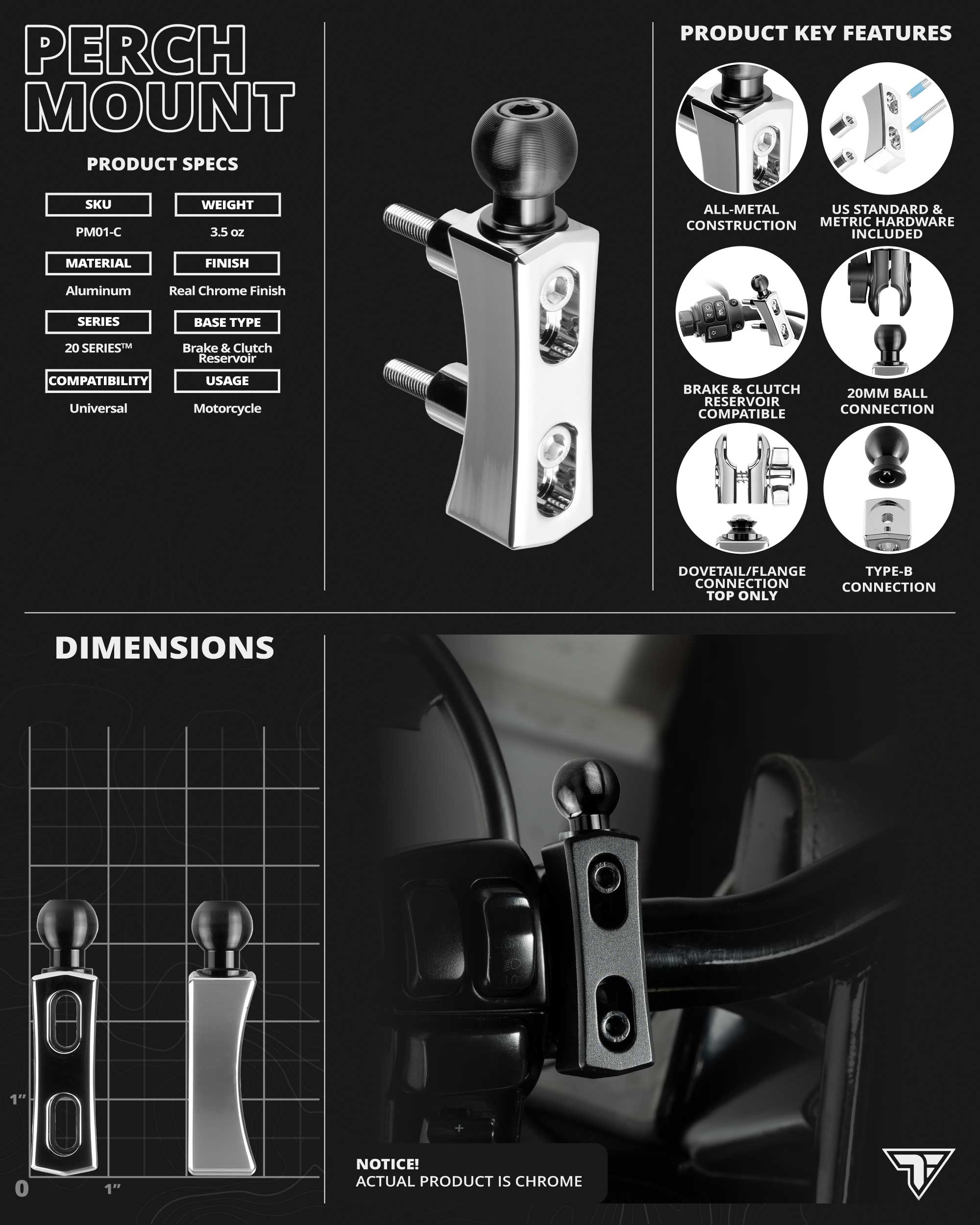 Perch / Brake / Clutch Mount | 20 Series™ | 20mm Ball & Dovetail | Chrome | Version 3.0