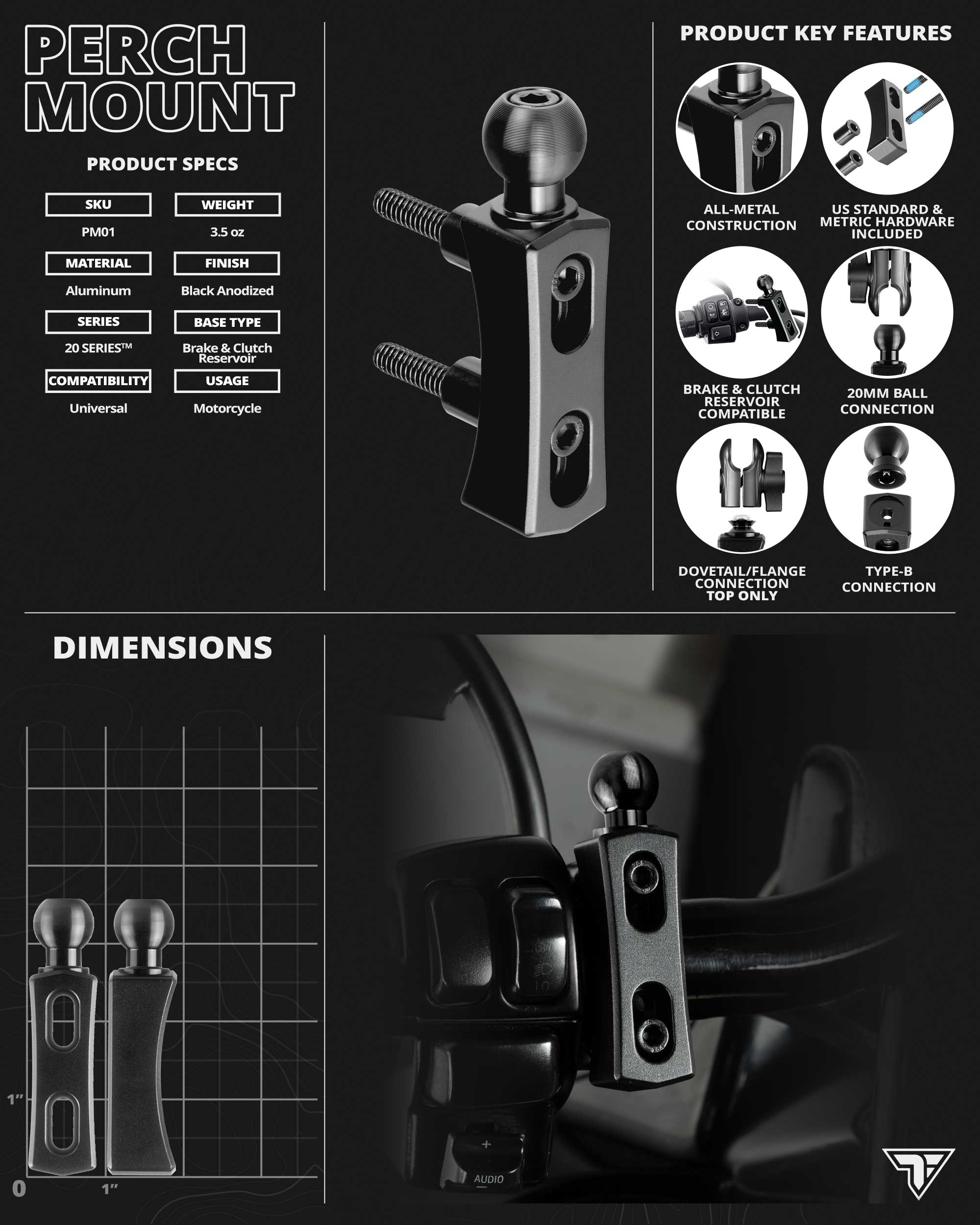 Perch / Brake / Clutch Mount | 20 Series™ | 20mm Ball & Dovetail | Black | Version 3.0