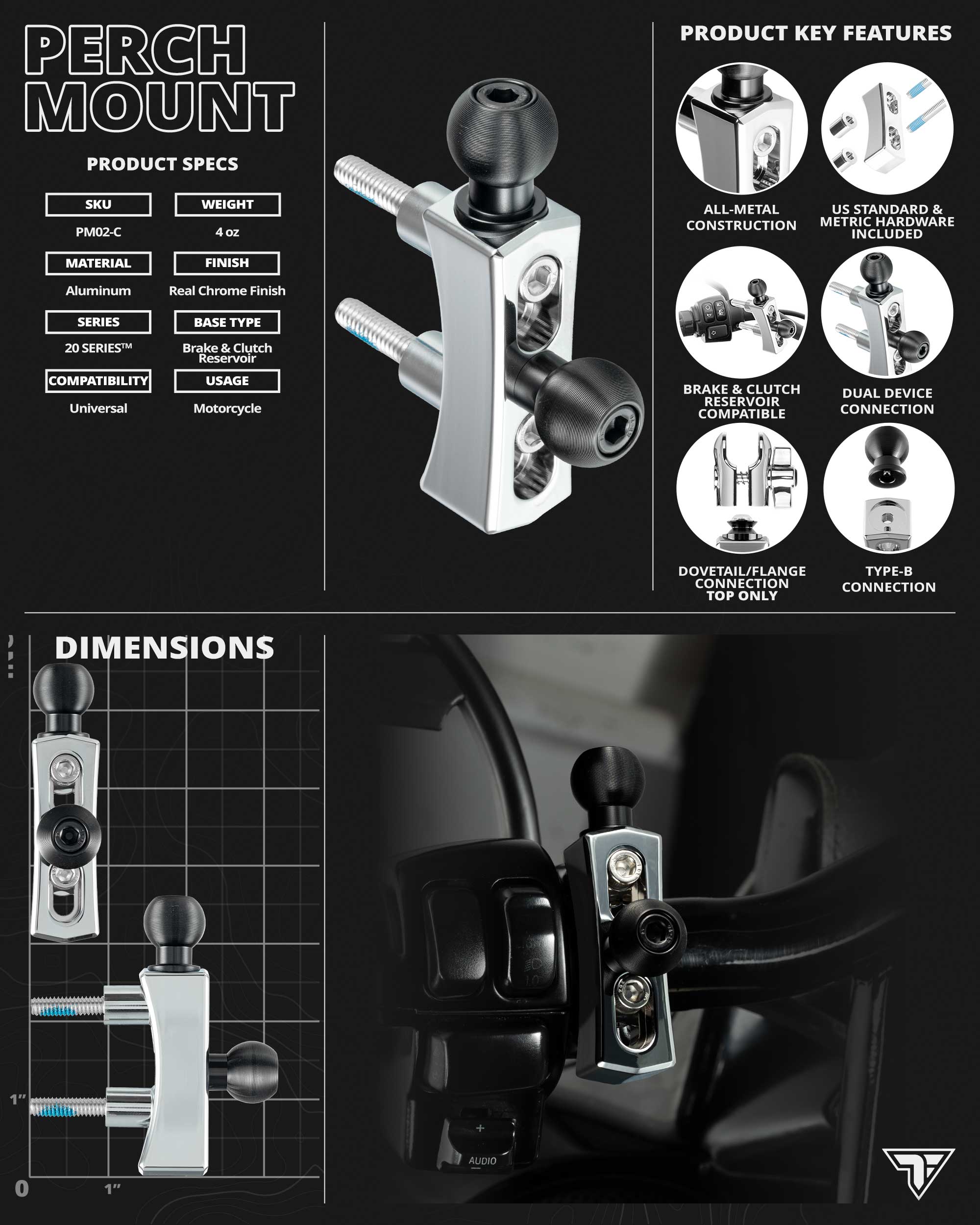 PM02-C - Perch / Brake / Clutch Mount | 20 Series™ | Dual 20mm Ball & Dove Tail | Chrome