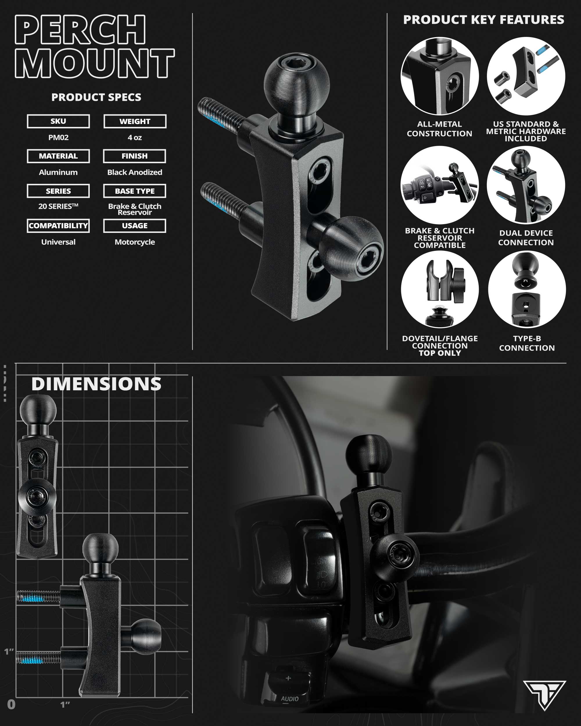 Perch / Brake / Clutch Mount | 20 Series™ | Dual 20mm Balls & Dovetail | Black | Version 3.0