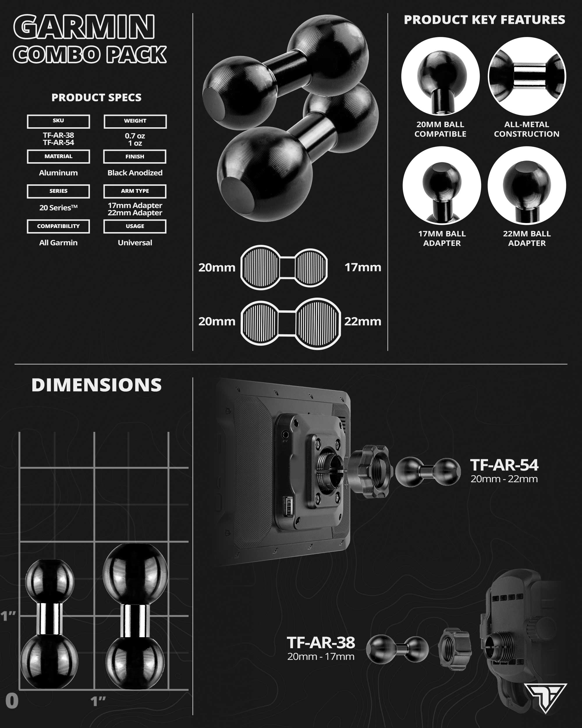 Fast Track™ Base Mount | Furrion/Garmin Adapter - 17mm & 22mm Balls | 5" Aluminum DuraLock Arm