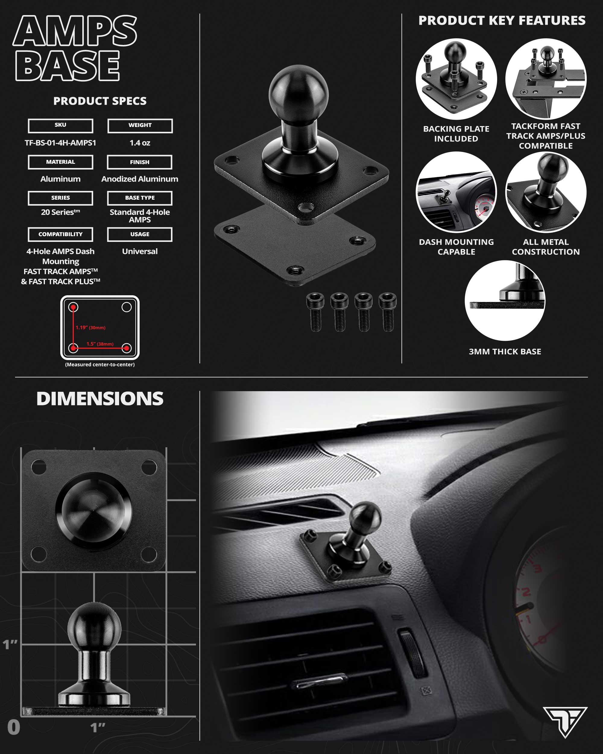 AM02-20L-BK | Drill Base Dashboard Phone Mount with Install Kit | 7" Modular Arm