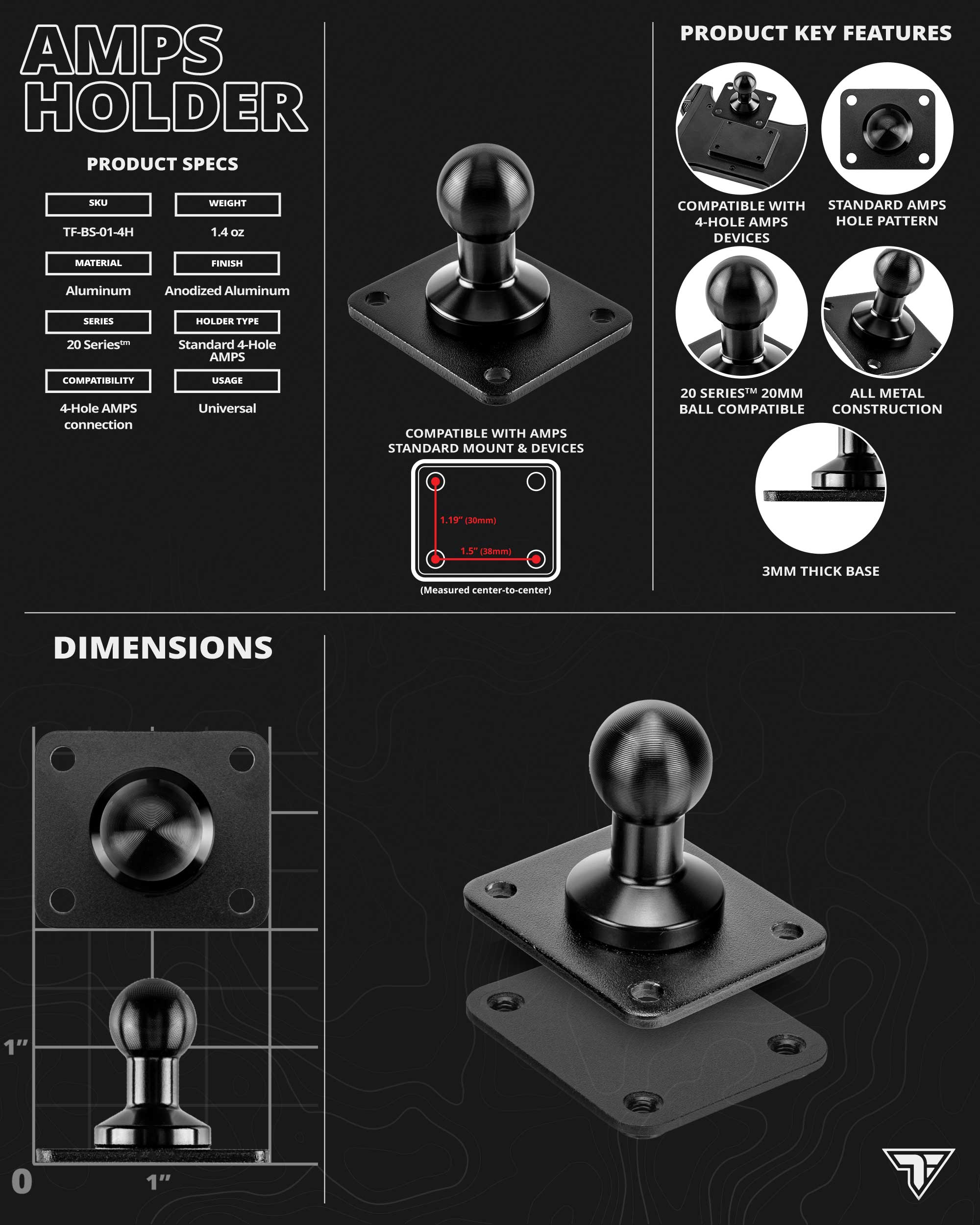 7" Modular ARM | Dual AMPS Adapters | Enduro Series™ 20mm Ball and Socket