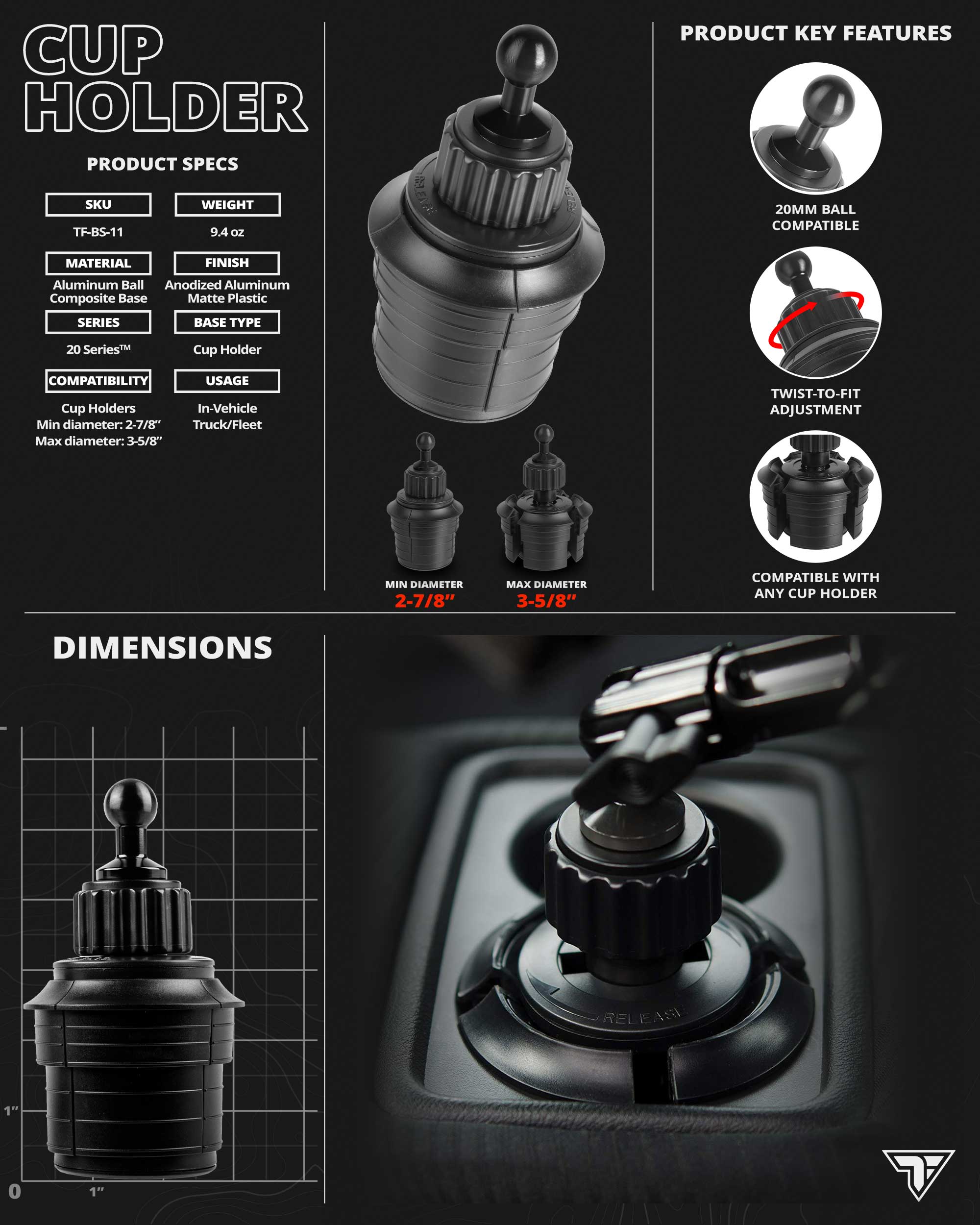 Tablet Holder For Cupholder | 7" Modular Arm | Enduro Series | Spring Loaded Cradle | iPad Compatible