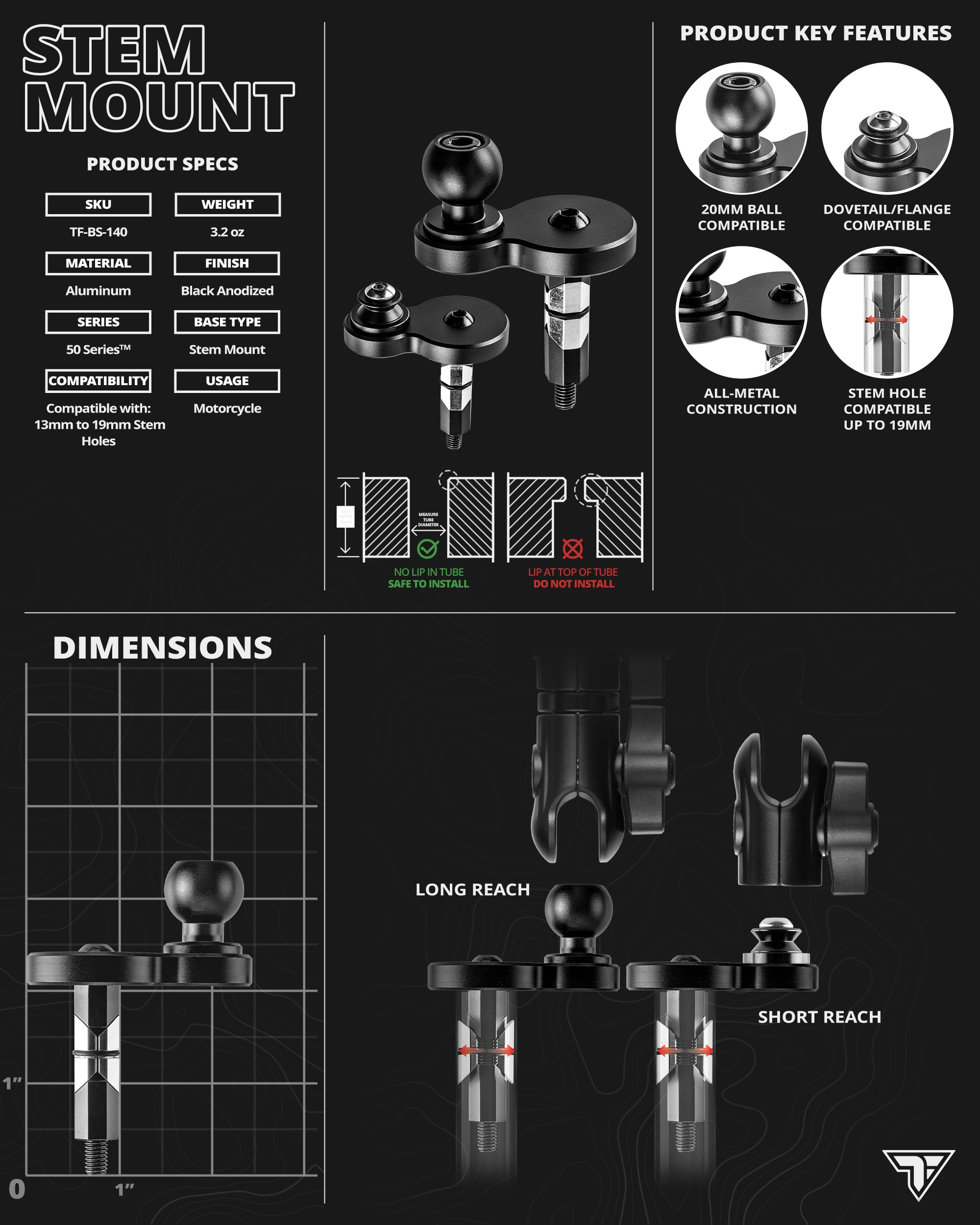 Black Motorcycle Phone Cradle | Fork Stem Mount – 13mm to 19mm Stem Hole | 3.5" DuraLock™ Arm