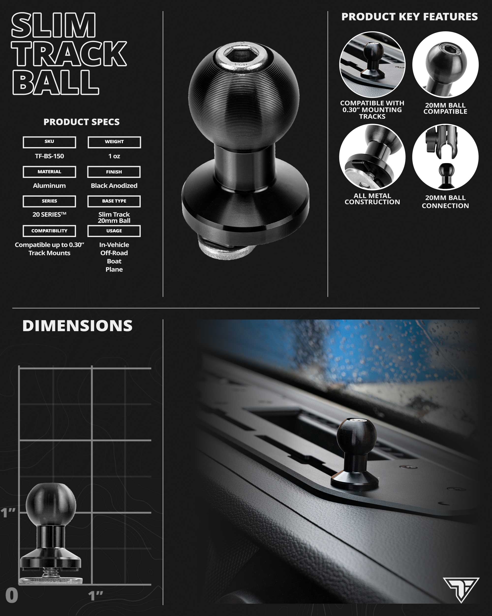 Slim Track™ Base Mount | 17mm Ball Adapter | 2" DuraLock Arm
