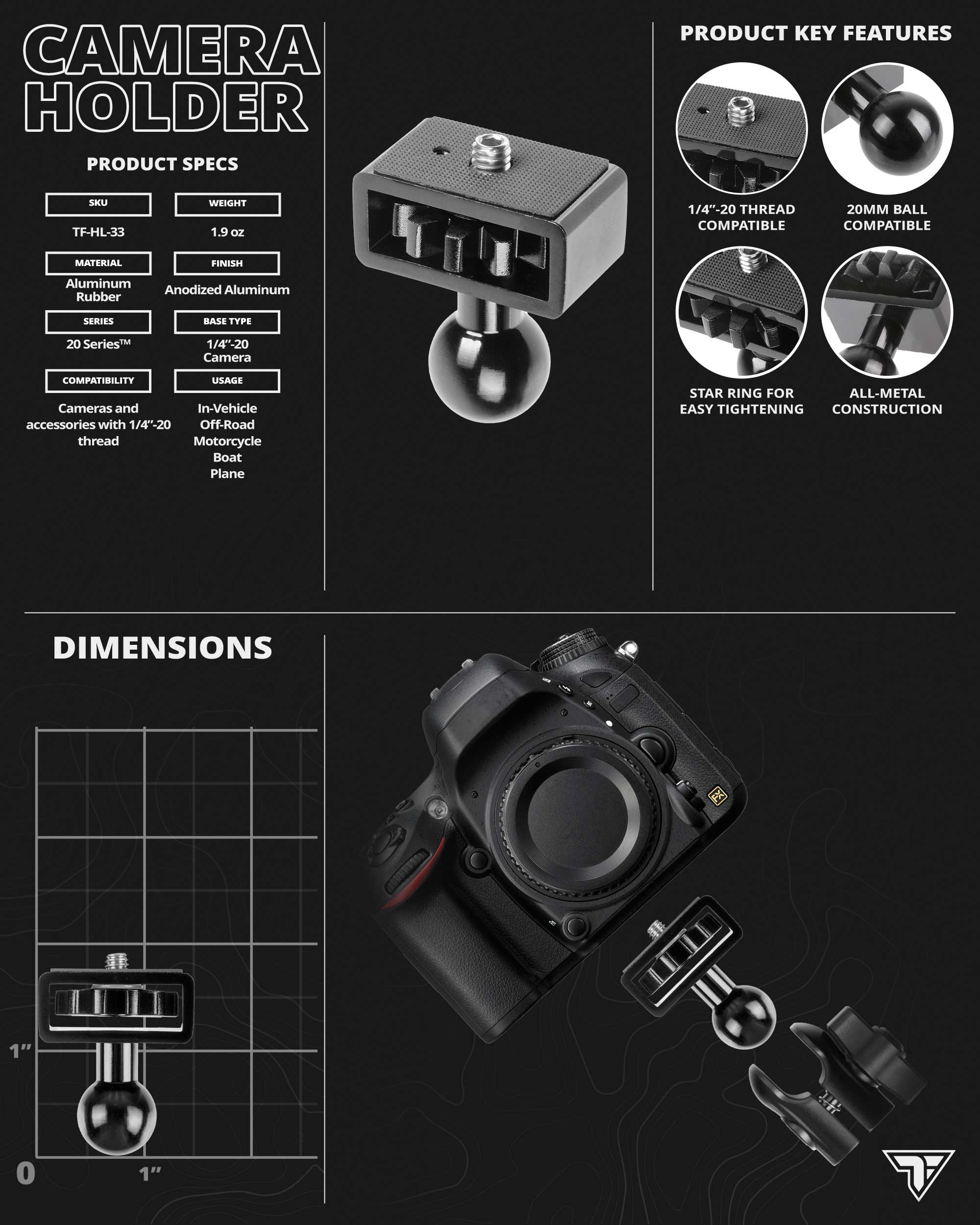 FB11-CAM - Fast Track Base Mount | 3.5" Arm | 1.4" - 20 Camera