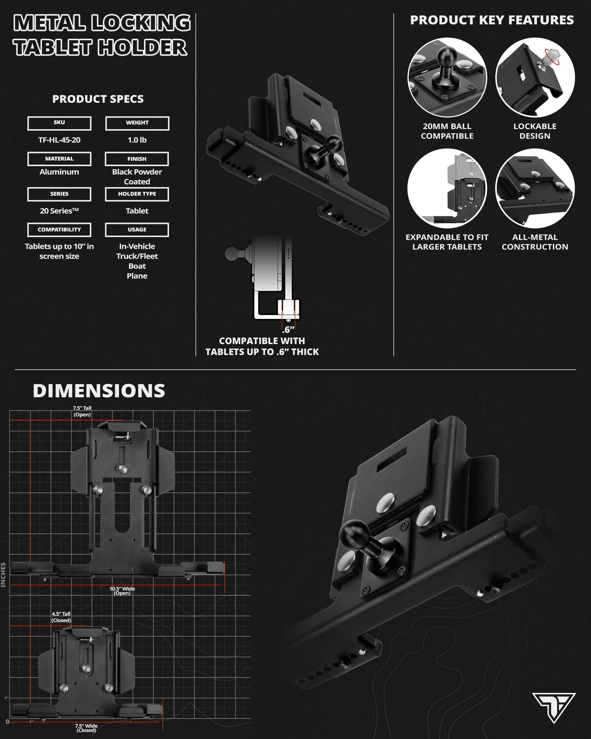 TF-HL-45-20 - 20mm Ball | Metal Locking Tablet Holder