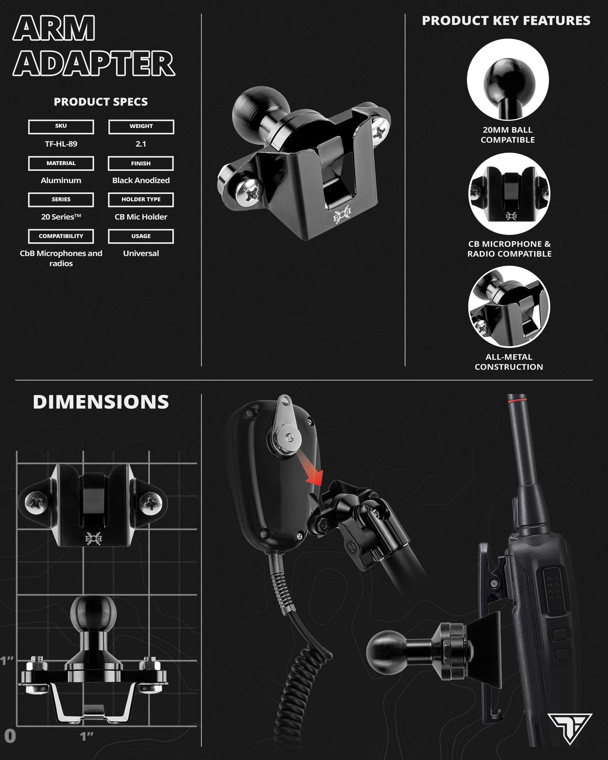 PB31-CB - Assault Track (Picatinny) Base Mount | 2" Long Arm | CB Mic and Radio Holder