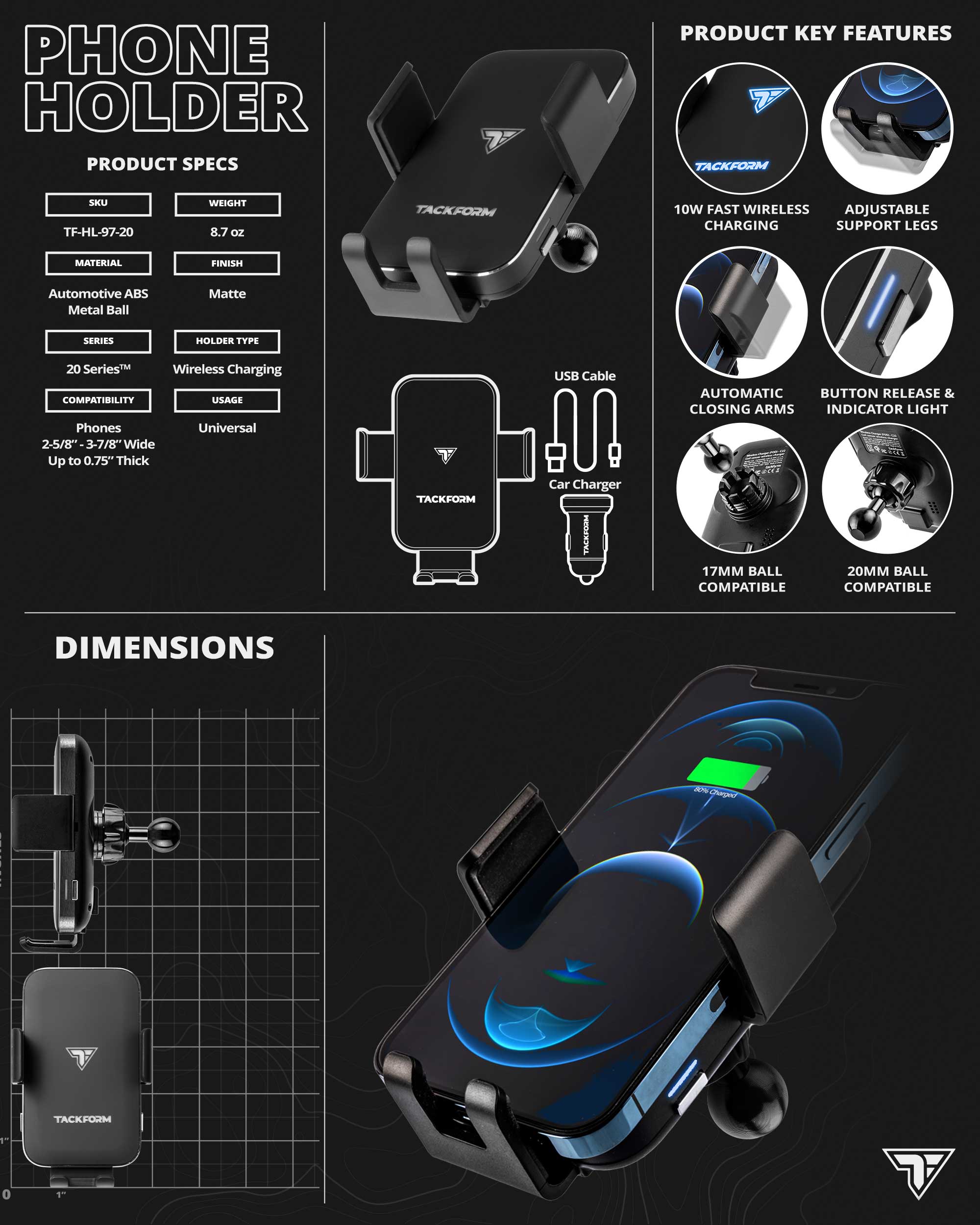 PB31-QI - Assault Track (Picatinny) Base Mount | 2" Long Arm | Wireless Charging Phone Cradle