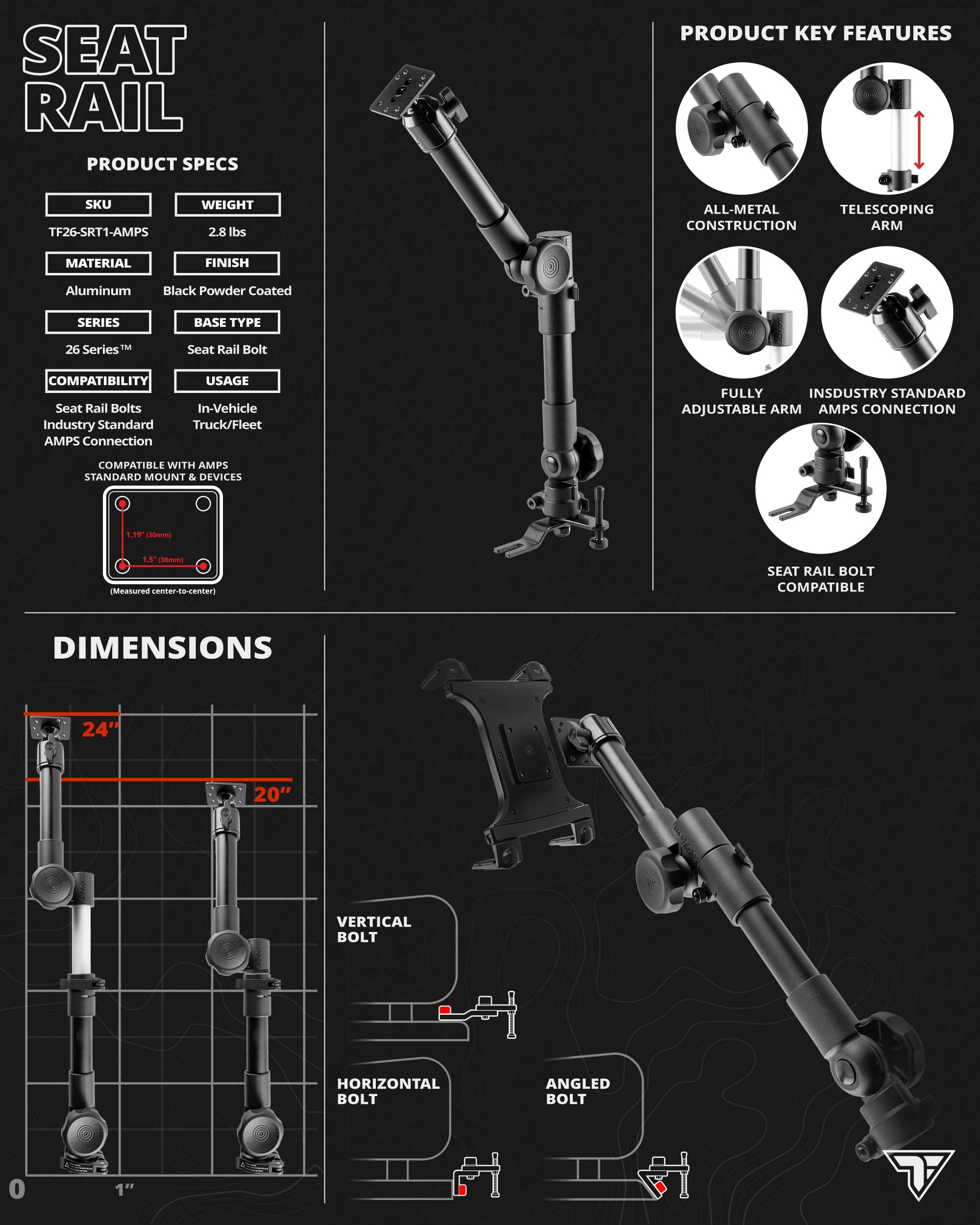 Heavy Duty Seat Rail/Floor Bolt Mount | 20"-24" Aluminum Telescoping Arm | Tablet Holder