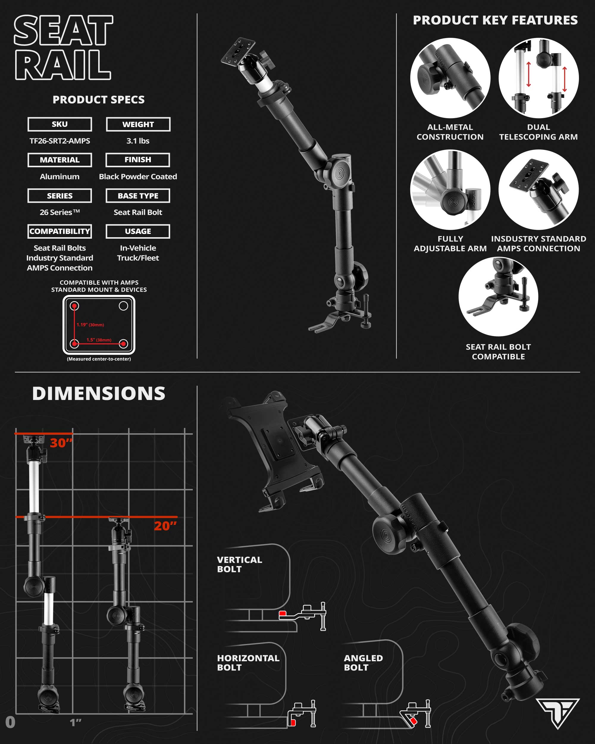 Heavy Duty Seat Rail Mount | Phone and Tablet Holder | 20"-30" Aluminum Telescoping Arm | AMPS Connection