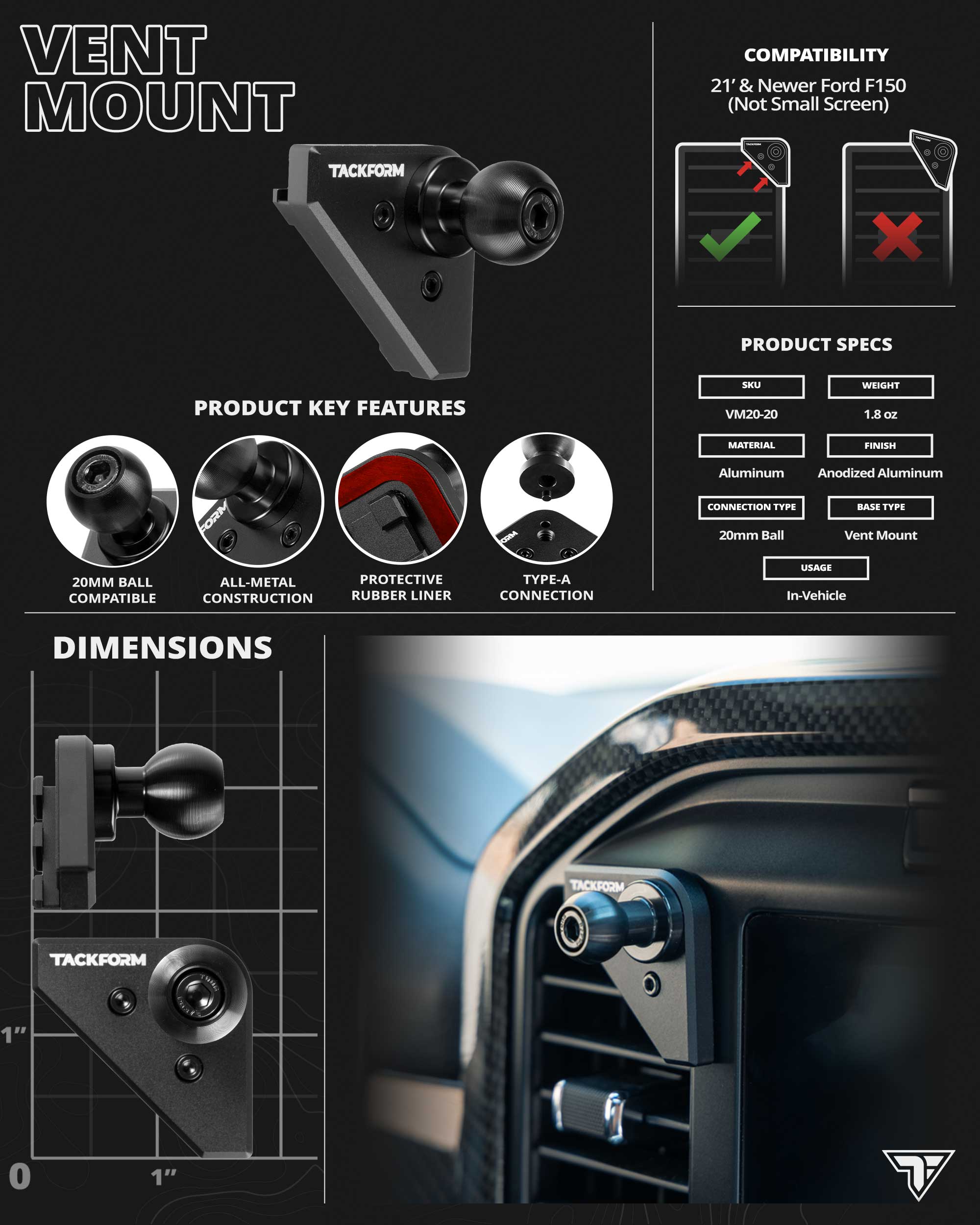 Vent Mounting Bracket with 20mm Ball | 2021-2024 Ford F-150 and Raptor | 14th Generation