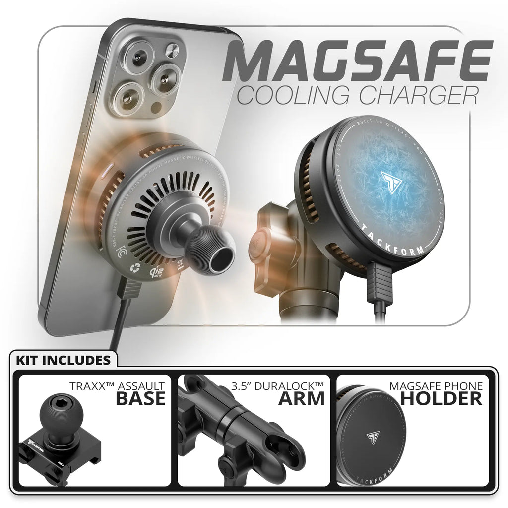 MagSafe Charging & Cooling Phone Holder | TRAXX™ - Assault Track Picatinny Base | 3.5" DuraLock Arm