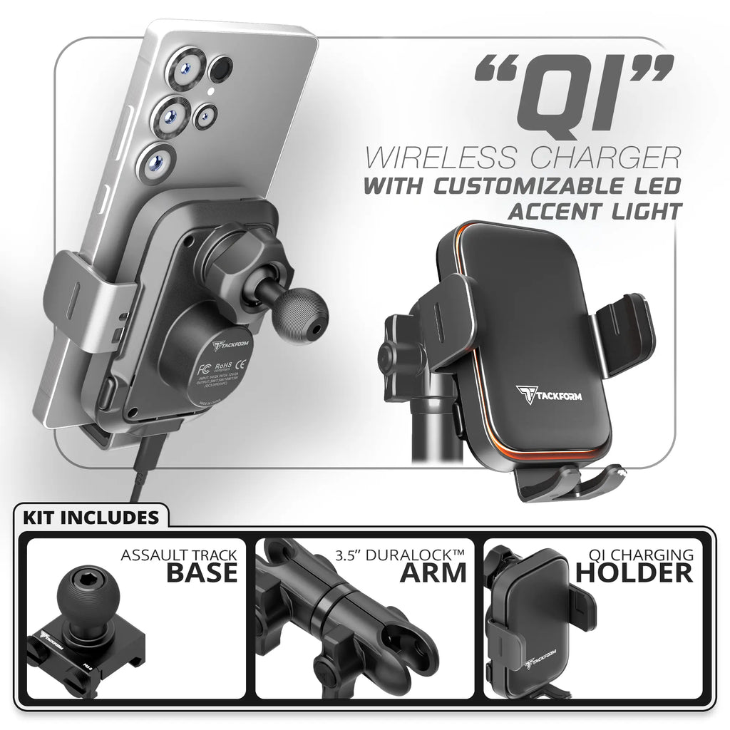 Qi Wireless Charging Phone Holder with Customizable LED Accent Lighting | TRAXX™ - Assault Track Picatinny Base | 3.5" DuraLock Arm