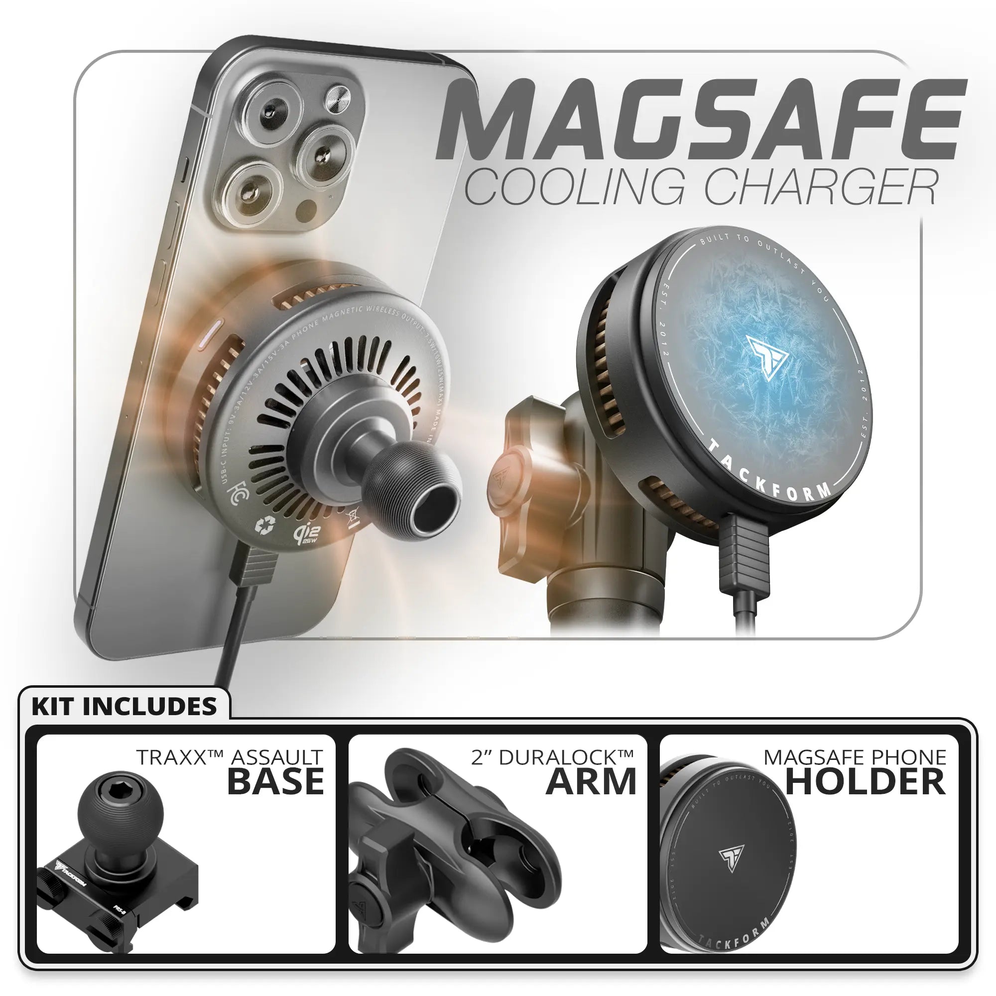 MagSafe Charging & Cooling Phone Holder  | TRAXX™ - Assault Track Picatinny Base | 2" DuraLock Arm