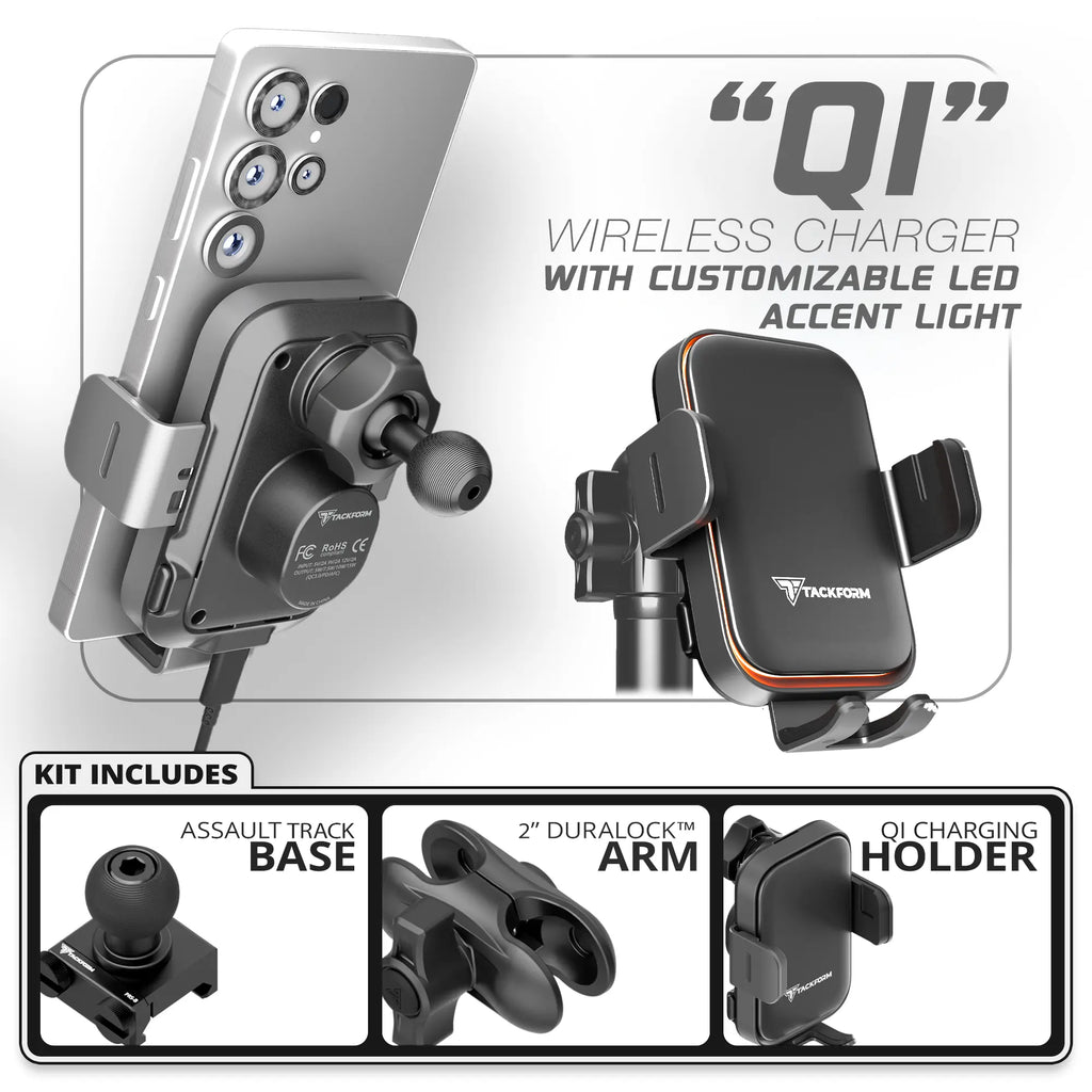 Qi Wireless Charging Phone Holder with Customizable LED Accent Lighting | TRAXX™ - Assault Track Picatinny Base | 2" DuraLock Arm