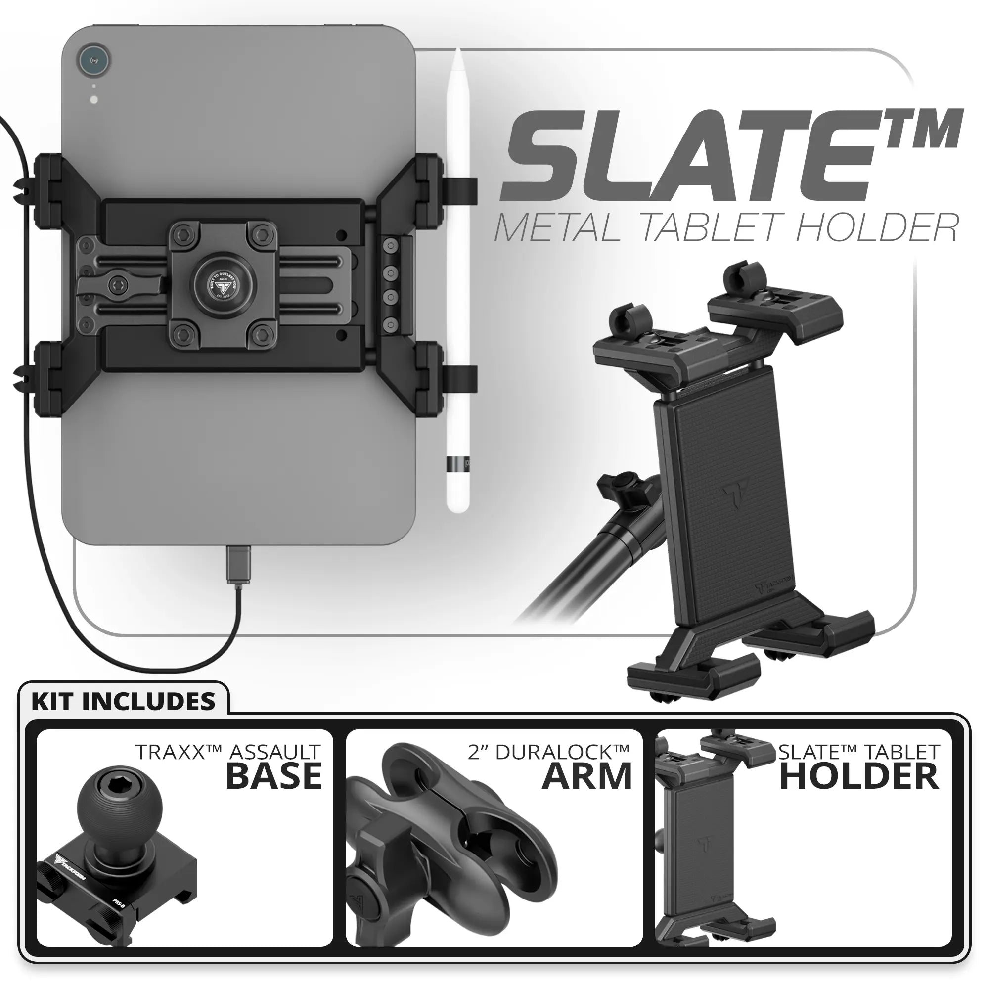 Metal Tablet Holder | TRAXX™ - Assault Track Picatinny Base | 2" DuraLock Arm