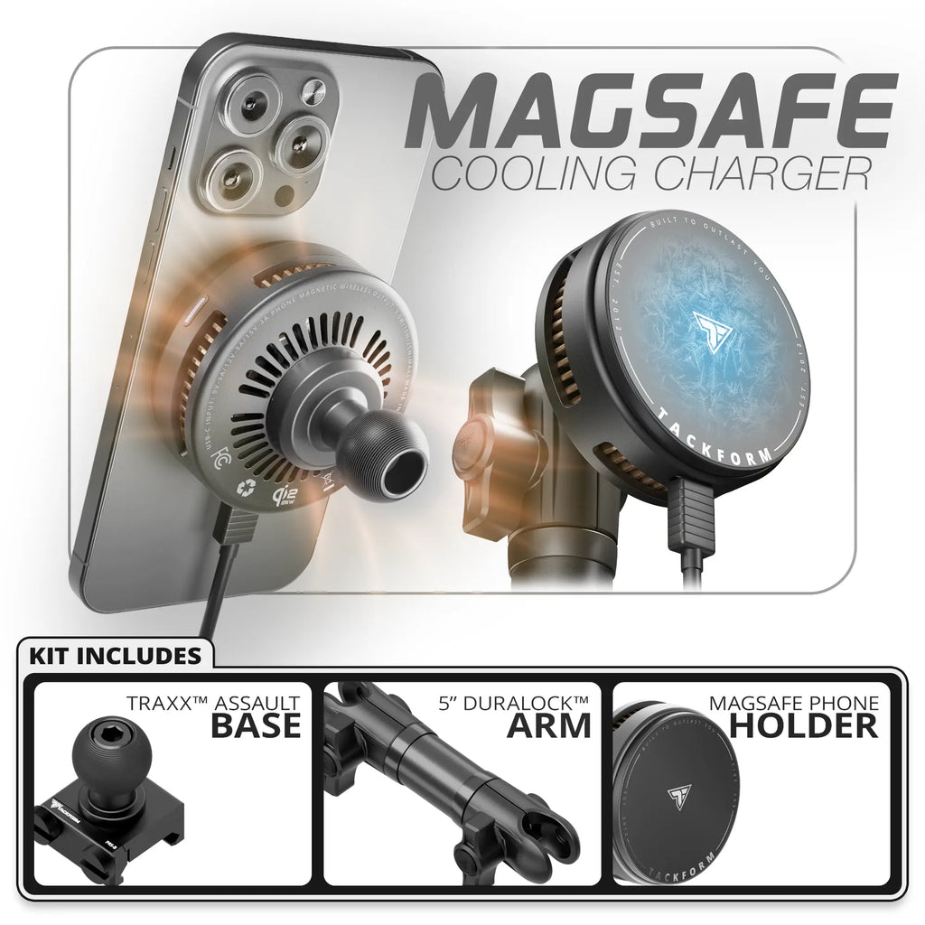 MagSafe Charging & Cooling Phone Holder  | TRAXX™ - Assault Track Picatinny Base | 5" DuraLock Arm