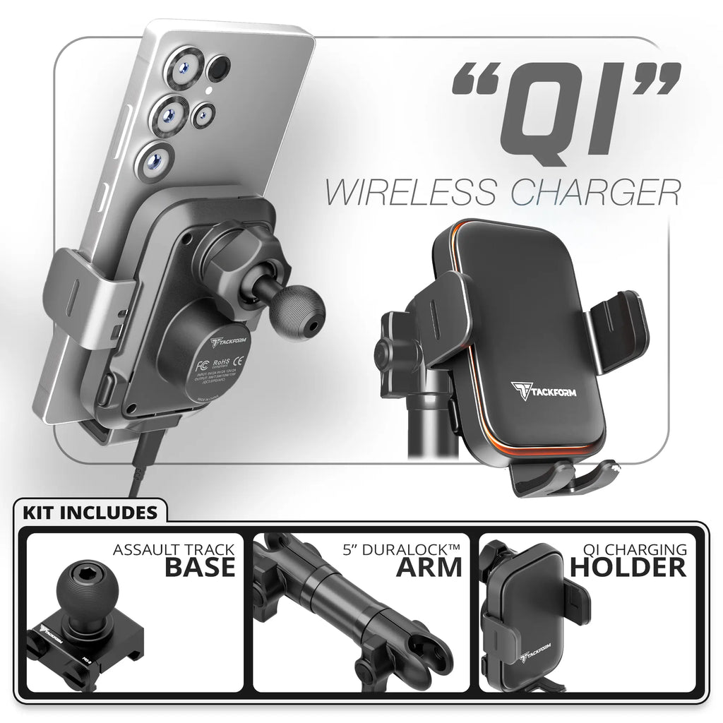Qi Wireless Charging Phone Holder | TRAXX™ - Assault Track Picatinny Base | 5" DuraLock Arm