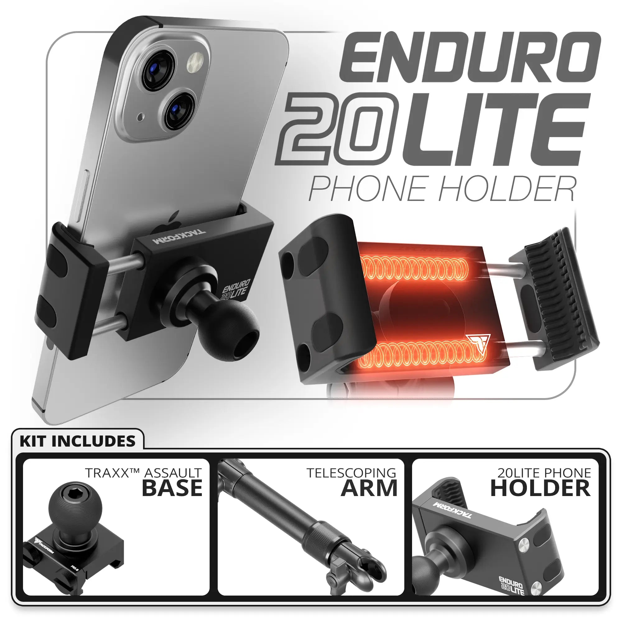 20LITE Phone Holder | TRAXX™ - Assault Track Picatinny Base | 7.5"-9.25" Telescoping Arm