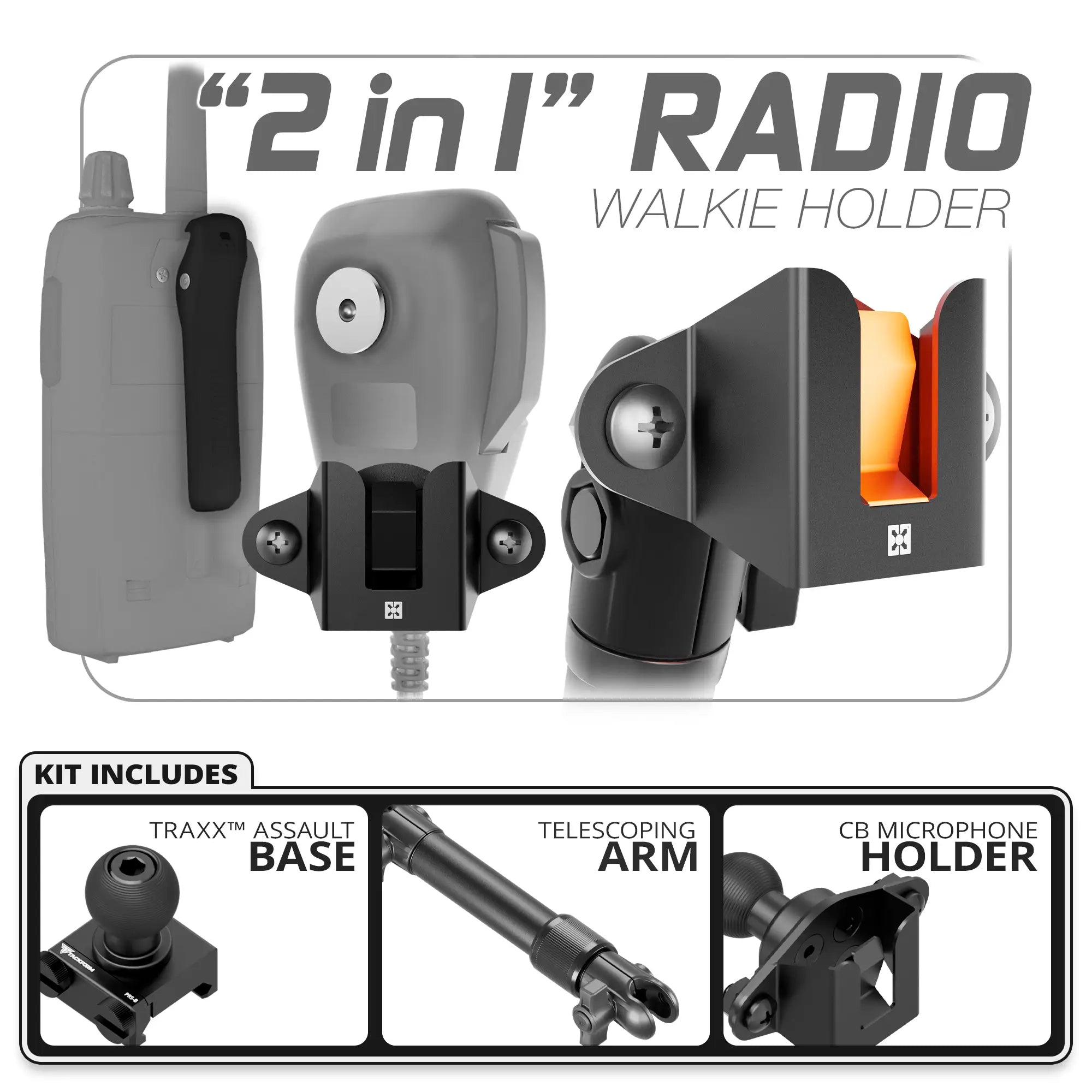 CB Radio/Microphone Holder | TRAXX™ - Assault Track Base | 7.5" - 9.25" Telescoping Arm