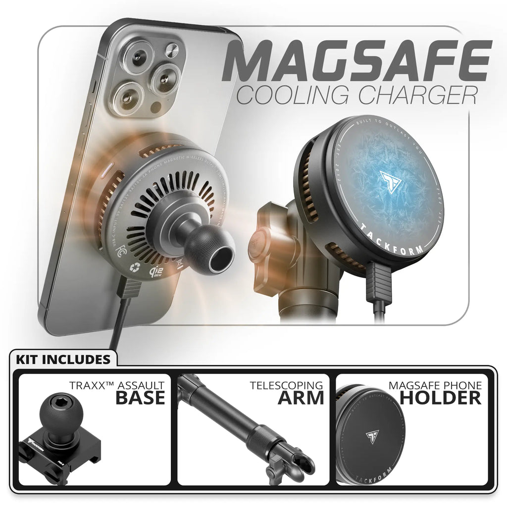 Qi2/MagSafe Charging & Cooling Phone Holder | TRAXX™ - Assault Track Base | 7.5"-9.25" Telescoping Arm